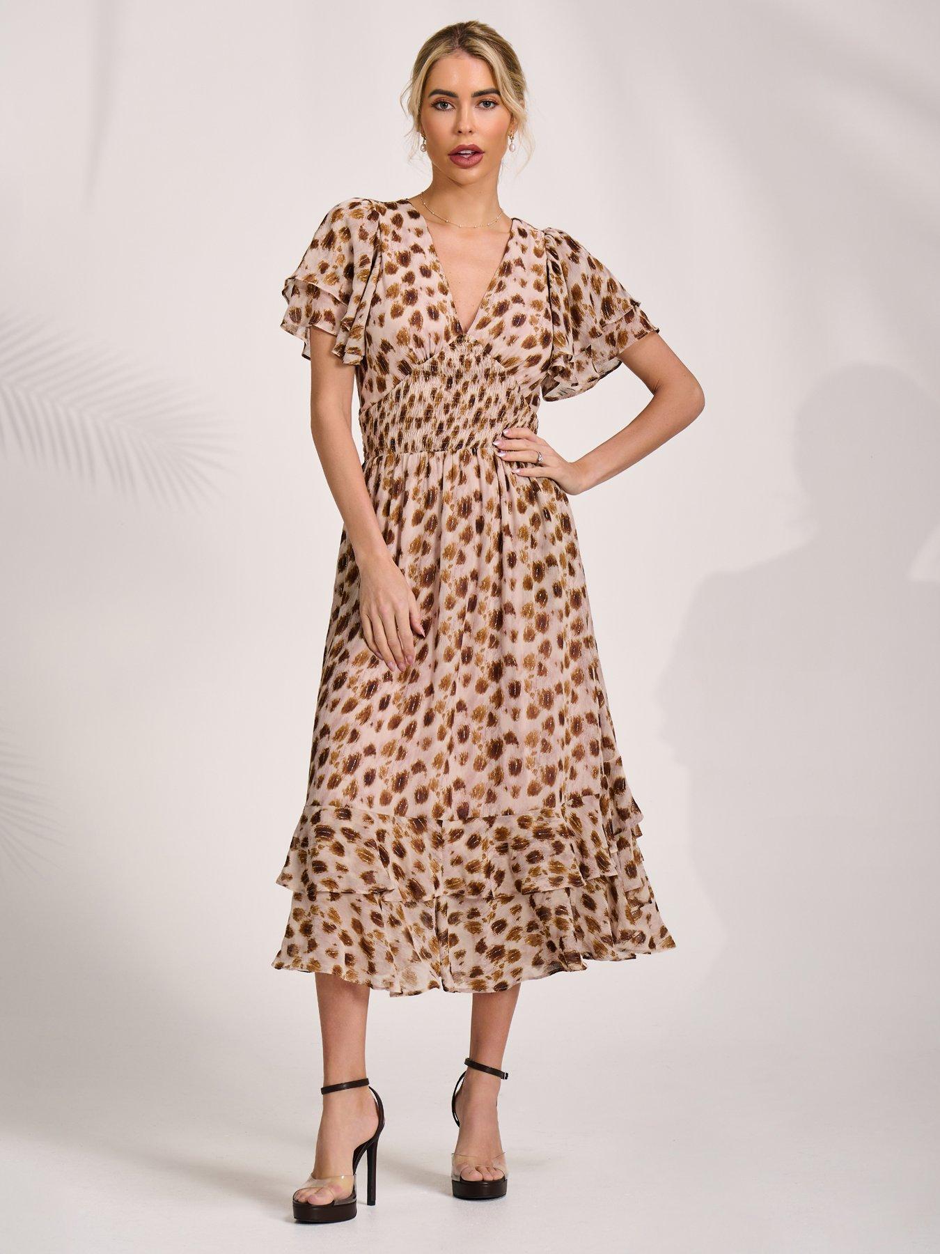 Image 6 of 7 of Jolie Moi Angel Sleeve Draped Mesh Midi Dress - Brown