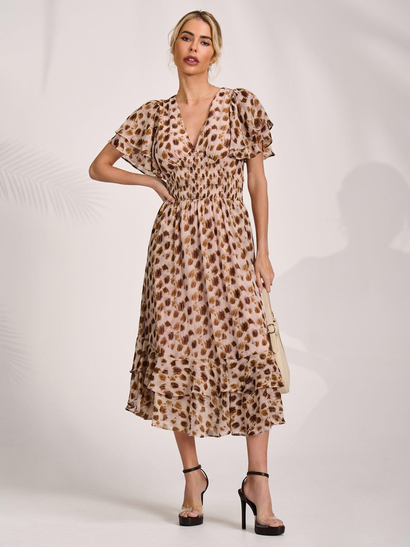 Image 7 of 7 of Jolie Moi Angel Sleeve Draped Mesh Midi Dress - Brown