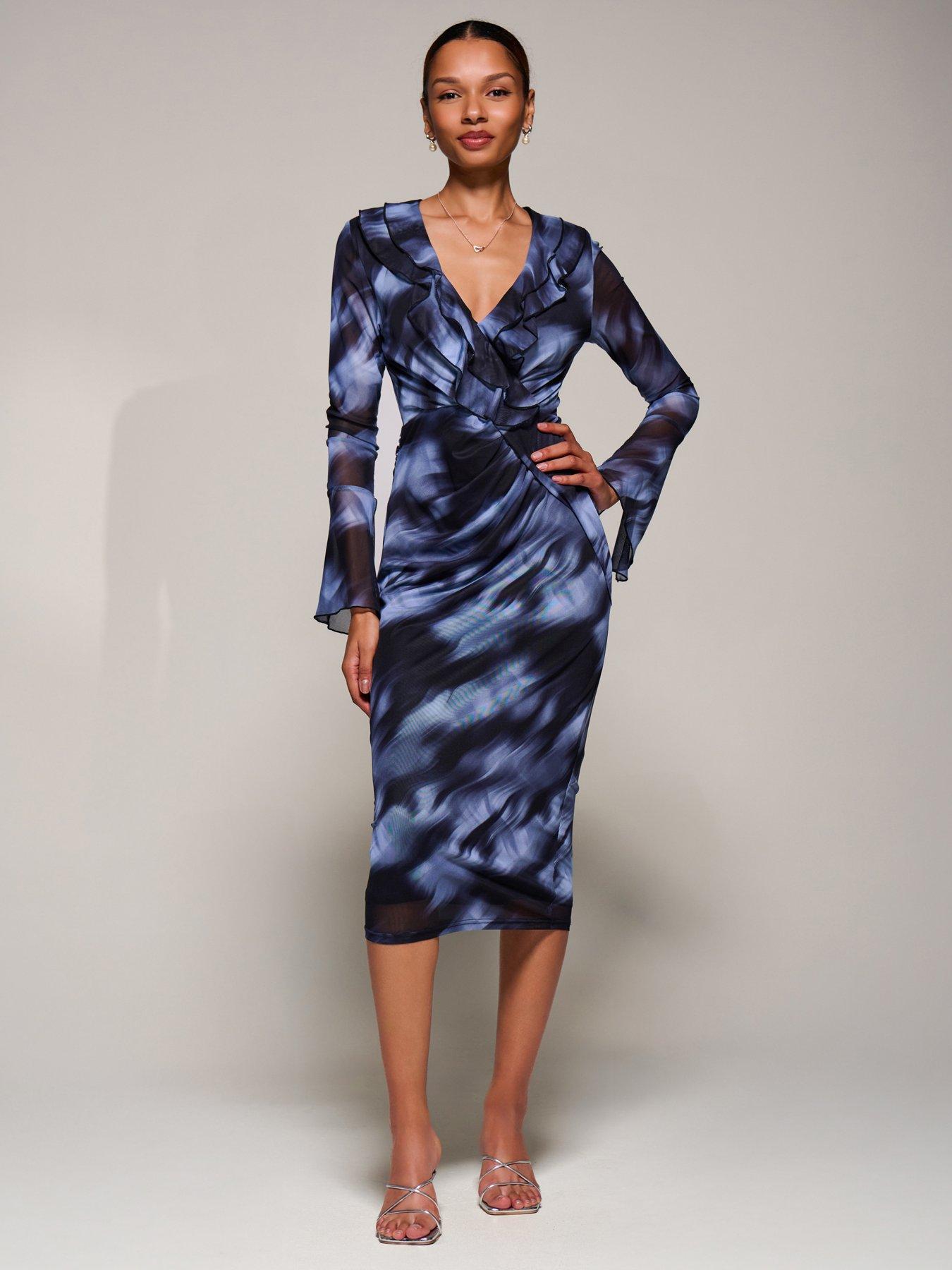 Jolie Moi Ruffle V Neckline Mesh Bodycon Midaxi Dress - Blue