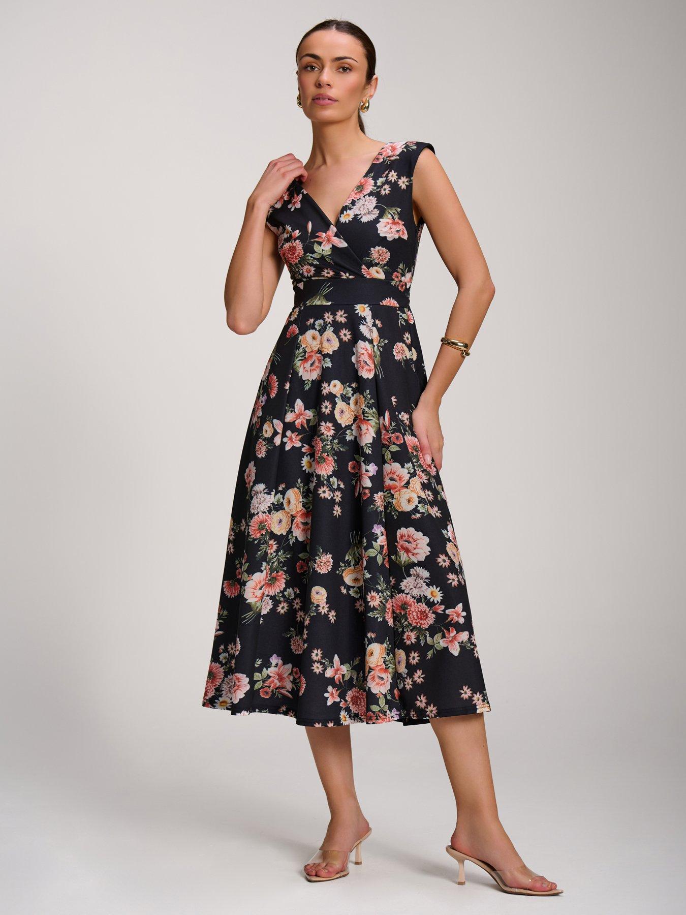 Image 1 of 7 of Jolie Moi V-Neck Fit &amp; Flare Scuba Midaxi Dress - Black