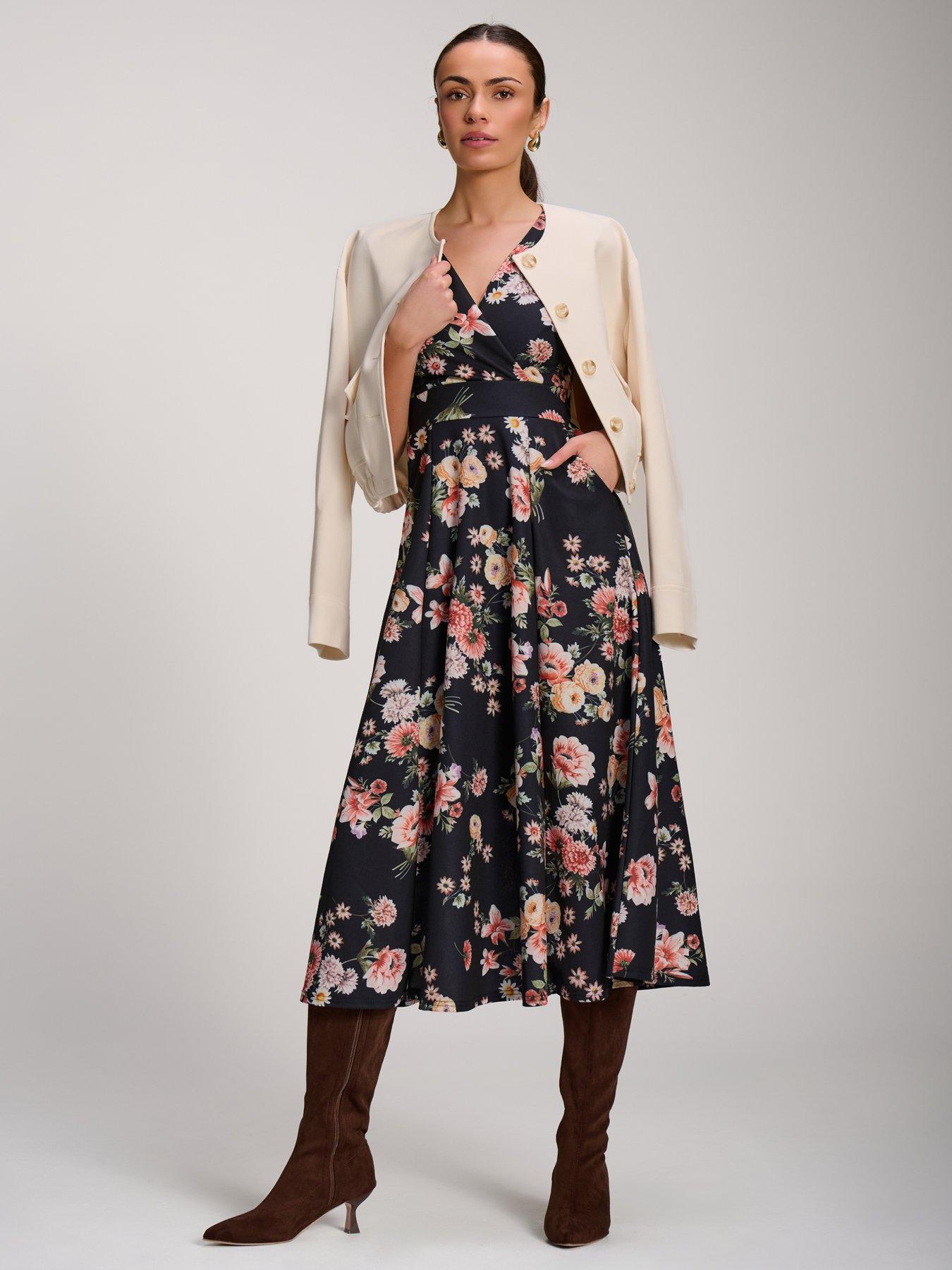 Image 3 of 7 of Jolie Moi V-Neck Fit &amp; Flare Scuba Midaxi Dress - Black