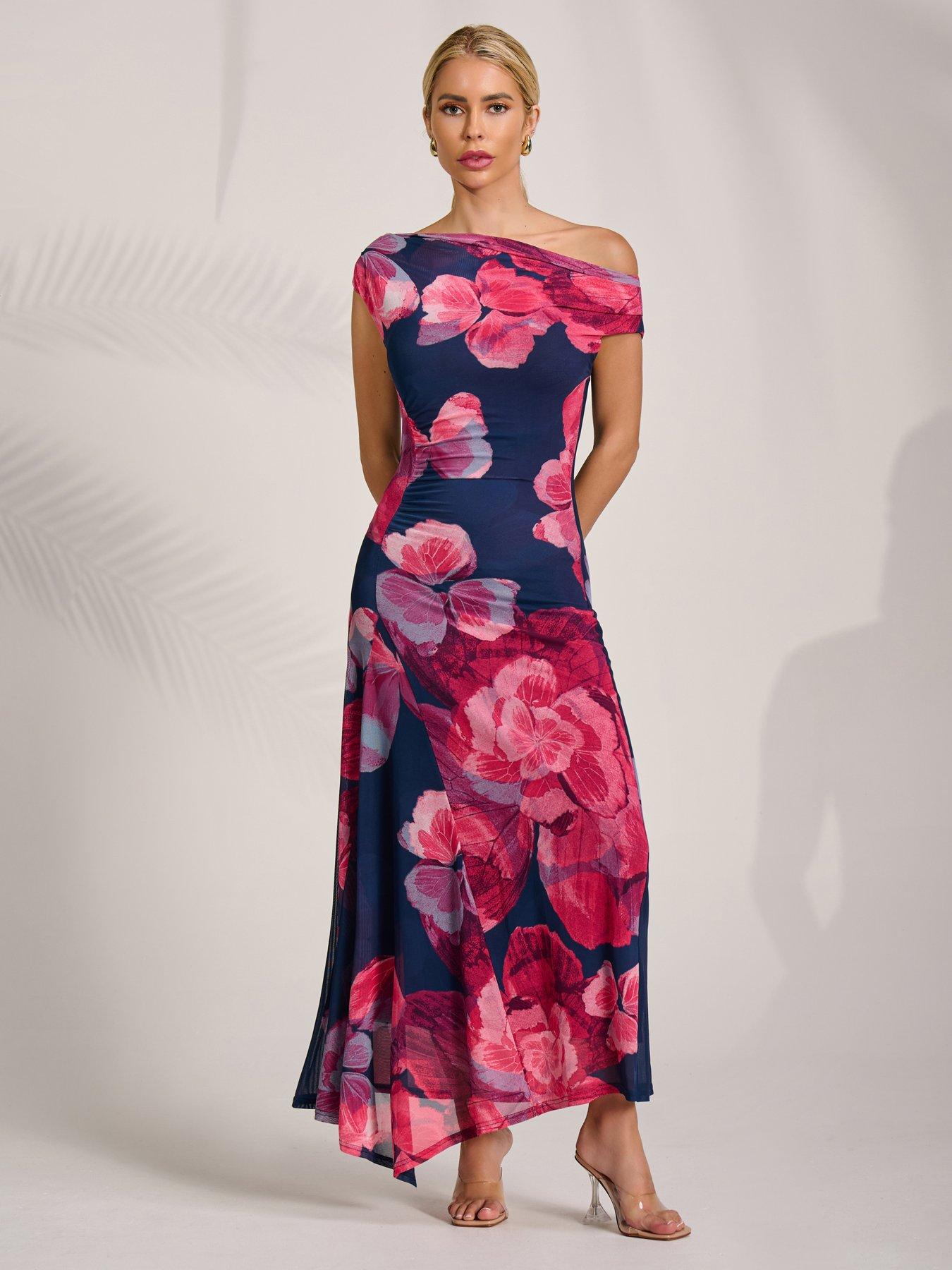 Jolie Moi Asymmetric Draped Mesh Midaxi Dress - Pink