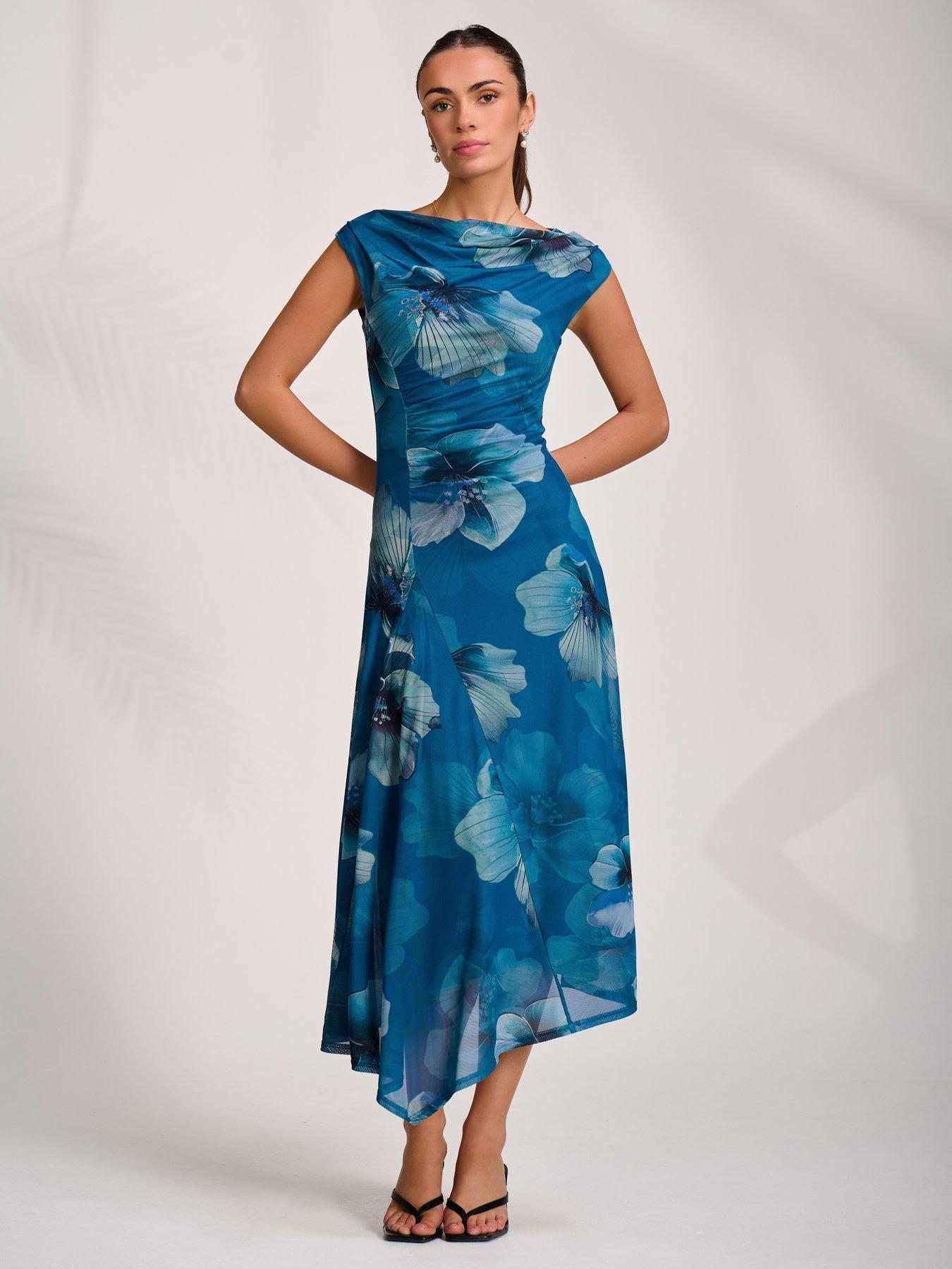 Jolie Moi Asymmetric Draped Mesh Midaxi Dress - Blue