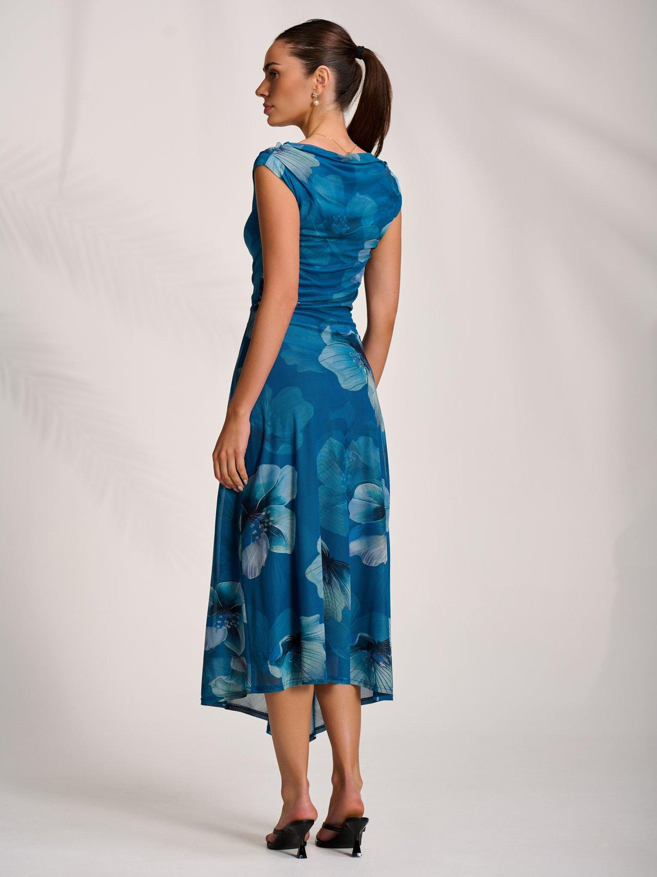 Image 2 of 7 of Jolie Moi Asymmetric Draped Mesh Midaxi Dress - Blue