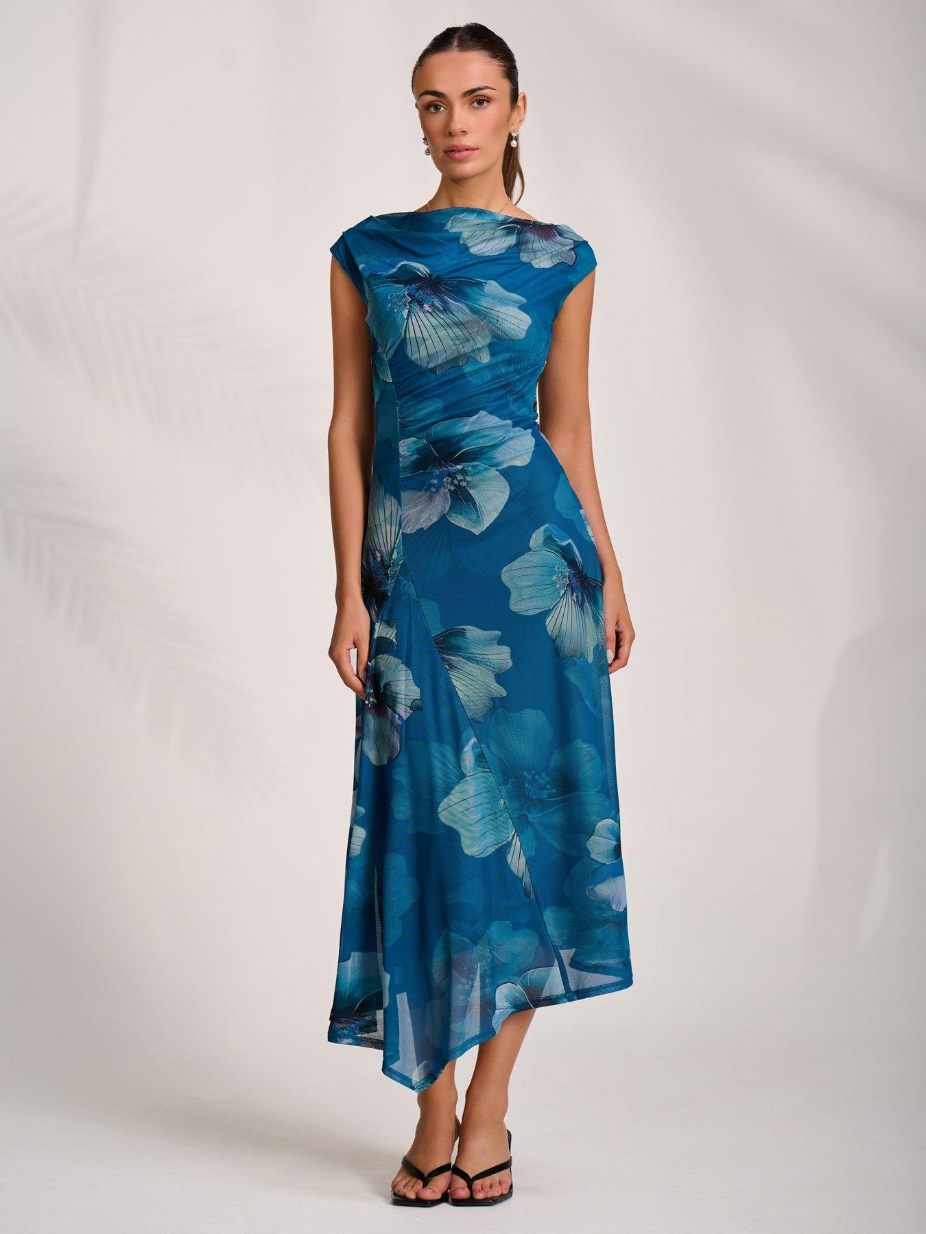 Image 3 of 7 of Jolie Moi Asymmetric Draped Mesh Midaxi Dress - Blue