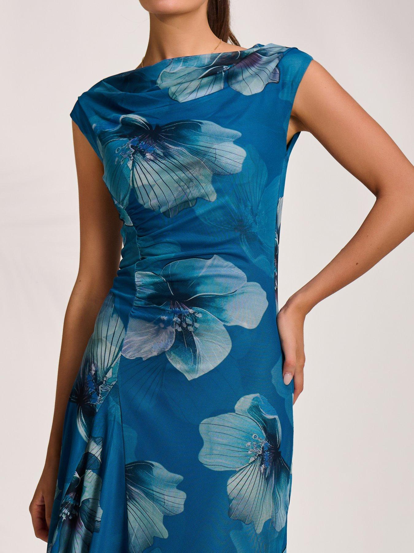 Image 4 of 7 of Jolie Moi Asymmetric Draped Mesh Midaxi Dress - Blue