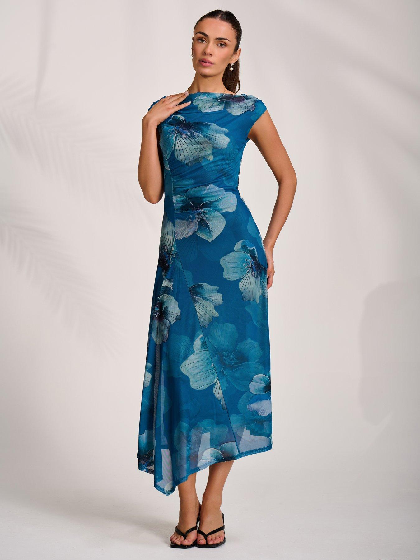 Image 5 of 7 of Jolie Moi Asymmetric Draped Mesh Midaxi Dress - Blue