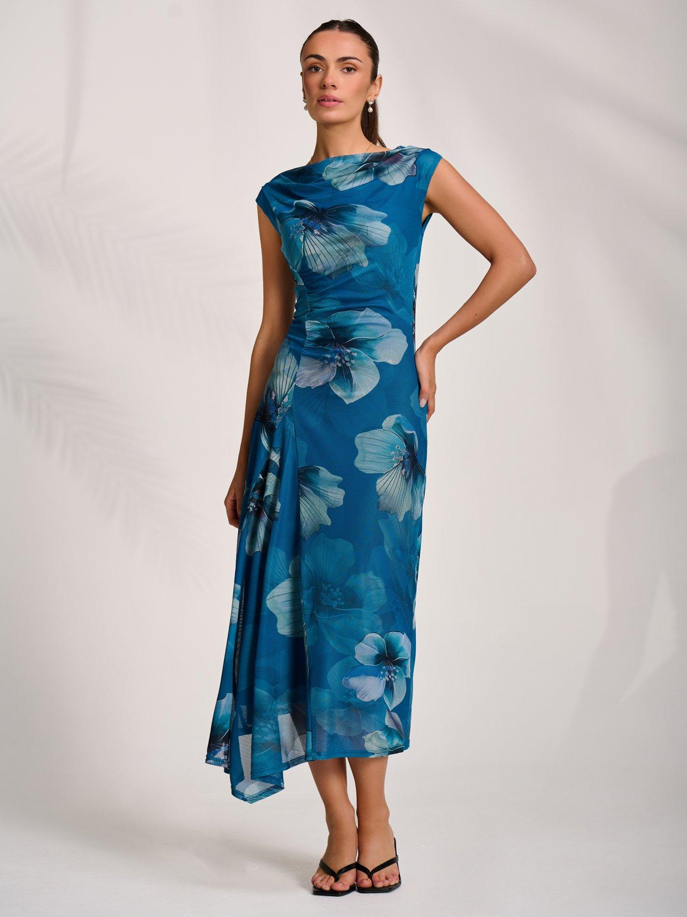 Image 6 of 7 of Jolie Moi Asymmetric Draped Mesh Midaxi Dress - Blue