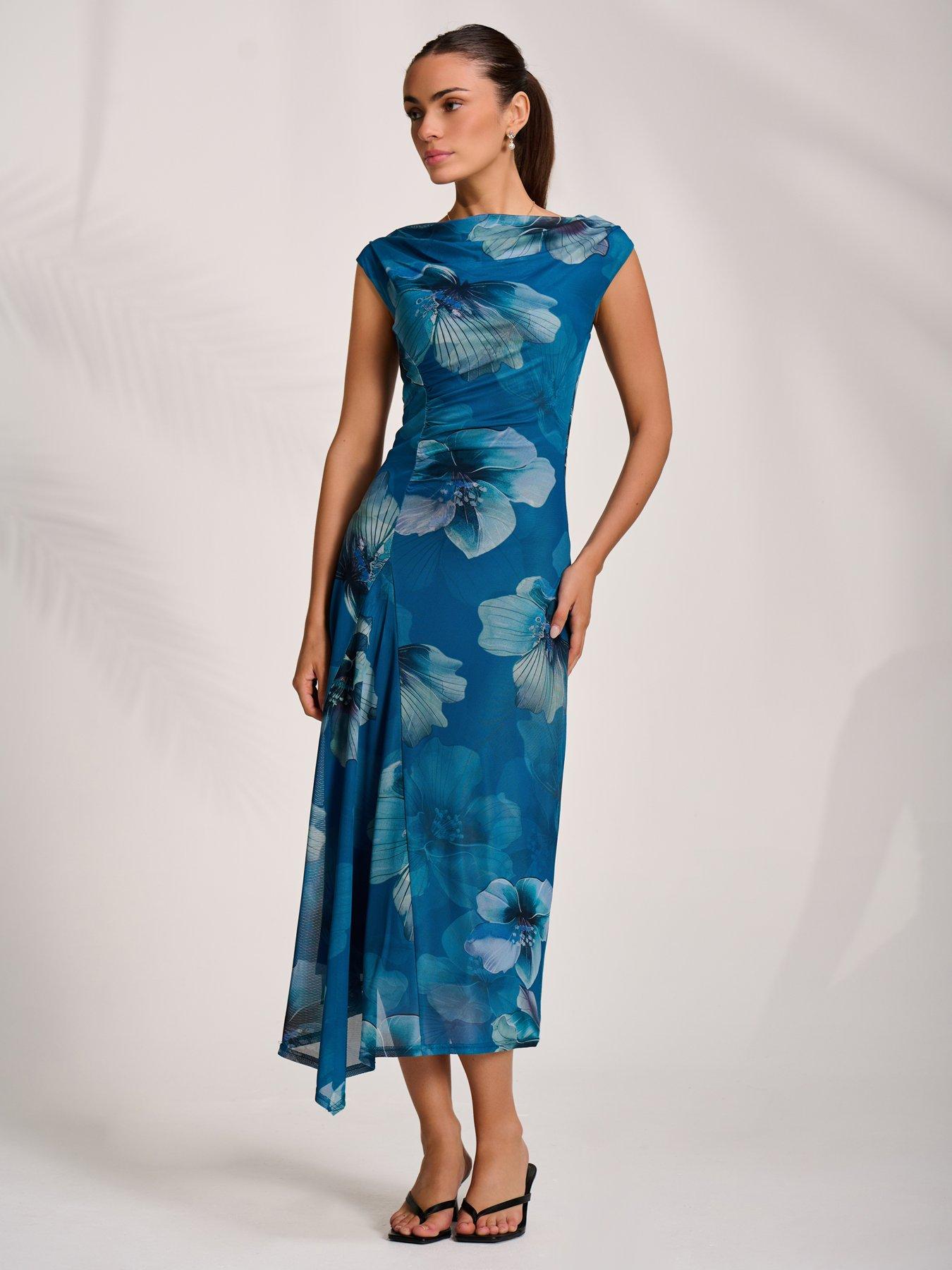 Image 7 of 7 of Jolie Moi Asymmetric Draped Mesh Midaxi Dress - Blue