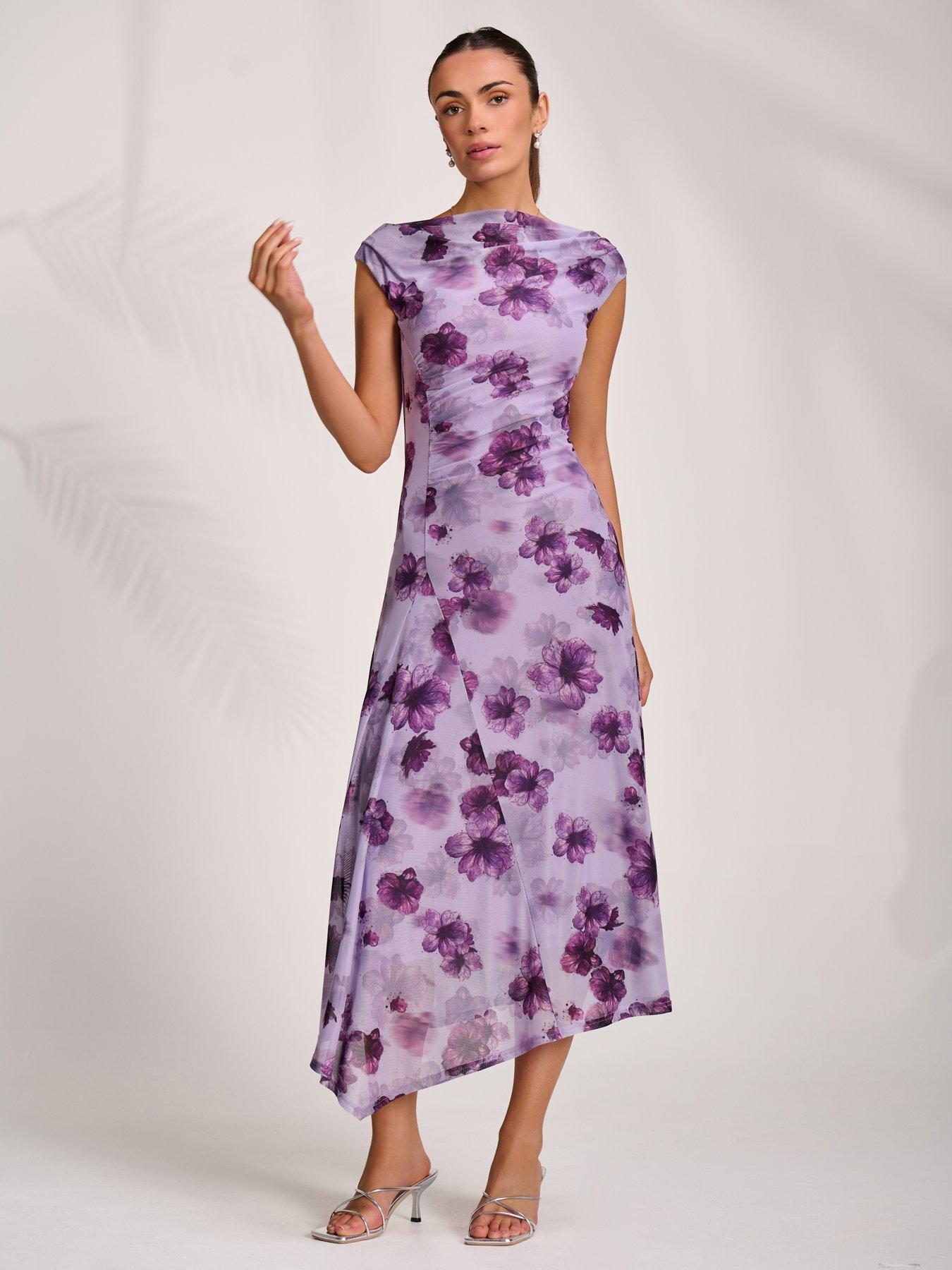 Jolie Moi Asymmetric Draped Mesh Midaxi Dress - Purple