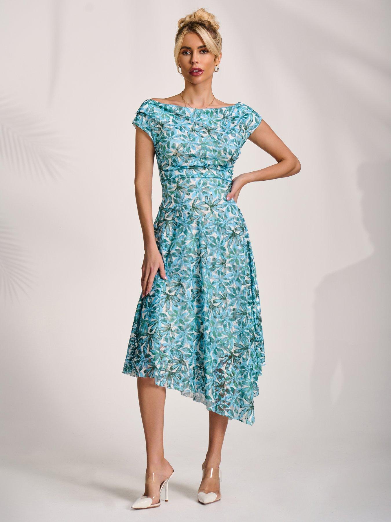 Jolie Moi Asymmetric Printed Lace Draped Dress - Blue