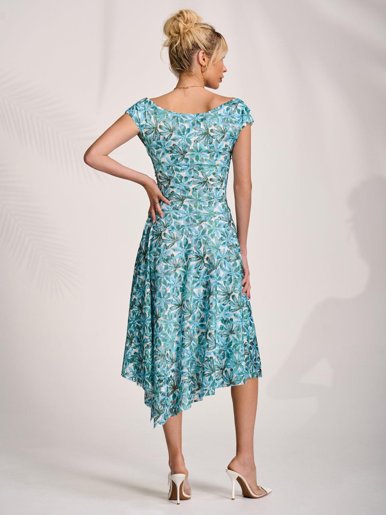 Image 2 of 7 of Jolie Moi Asymmetric Printed Lace Draped Dress - Blue