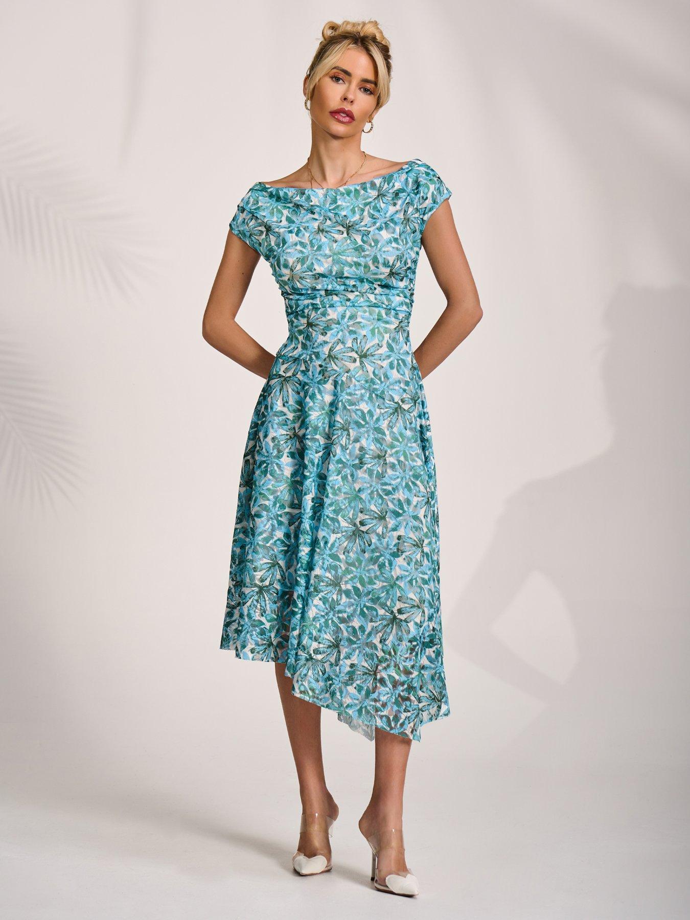 Image 3 of 7 of Jolie Moi Asymmetric Printed Lace Draped Dress - Blue