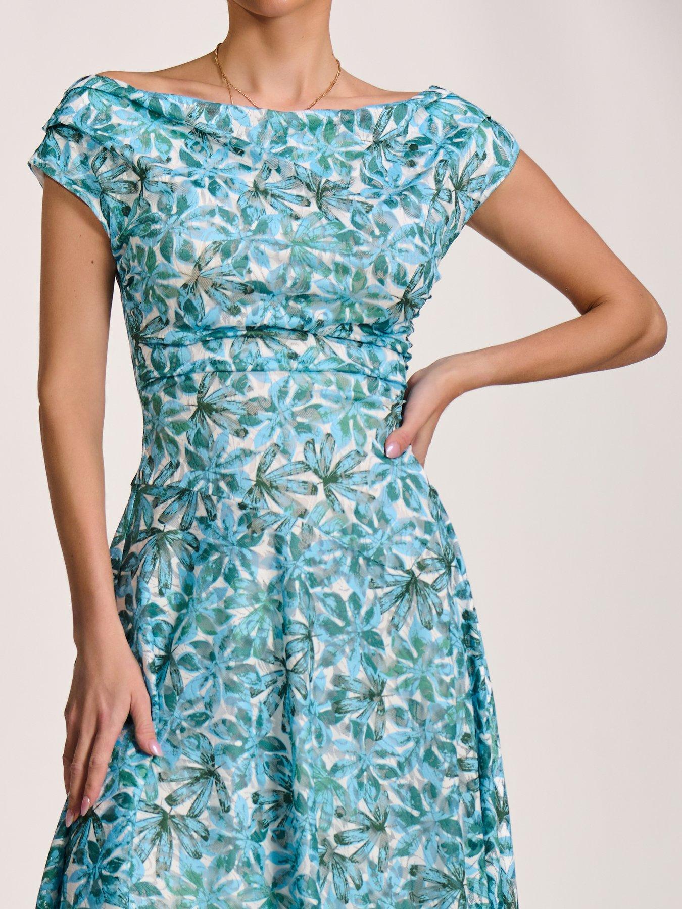 Image 4 of 7 of Jolie Moi Asymmetric Printed Lace Draped Dress - Blue
