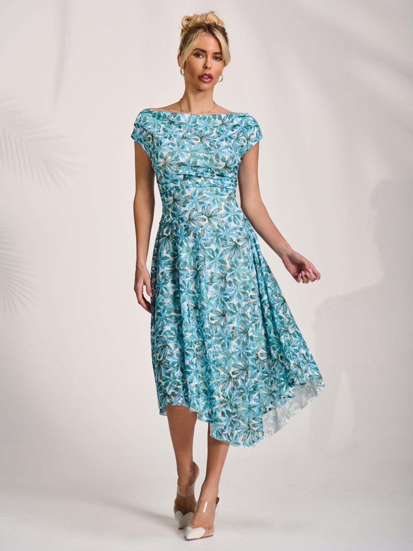 Image 5 of 7 of Jolie Moi Asymmetric Printed Lace Draped Dress - Blue