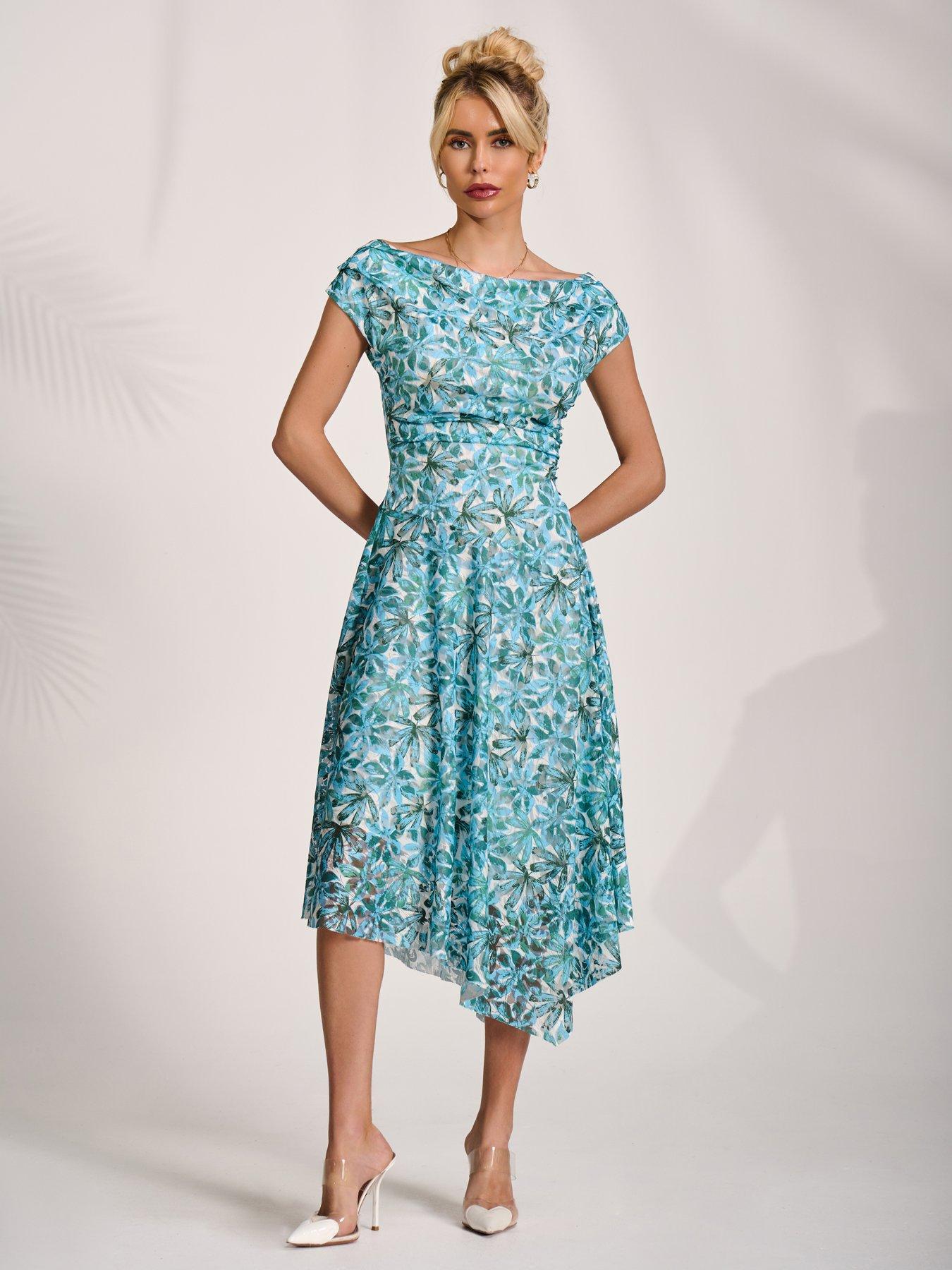 Image 6 of 7 of Jolie Moi Asymmetric Printed Lace Draped Dress - Blue