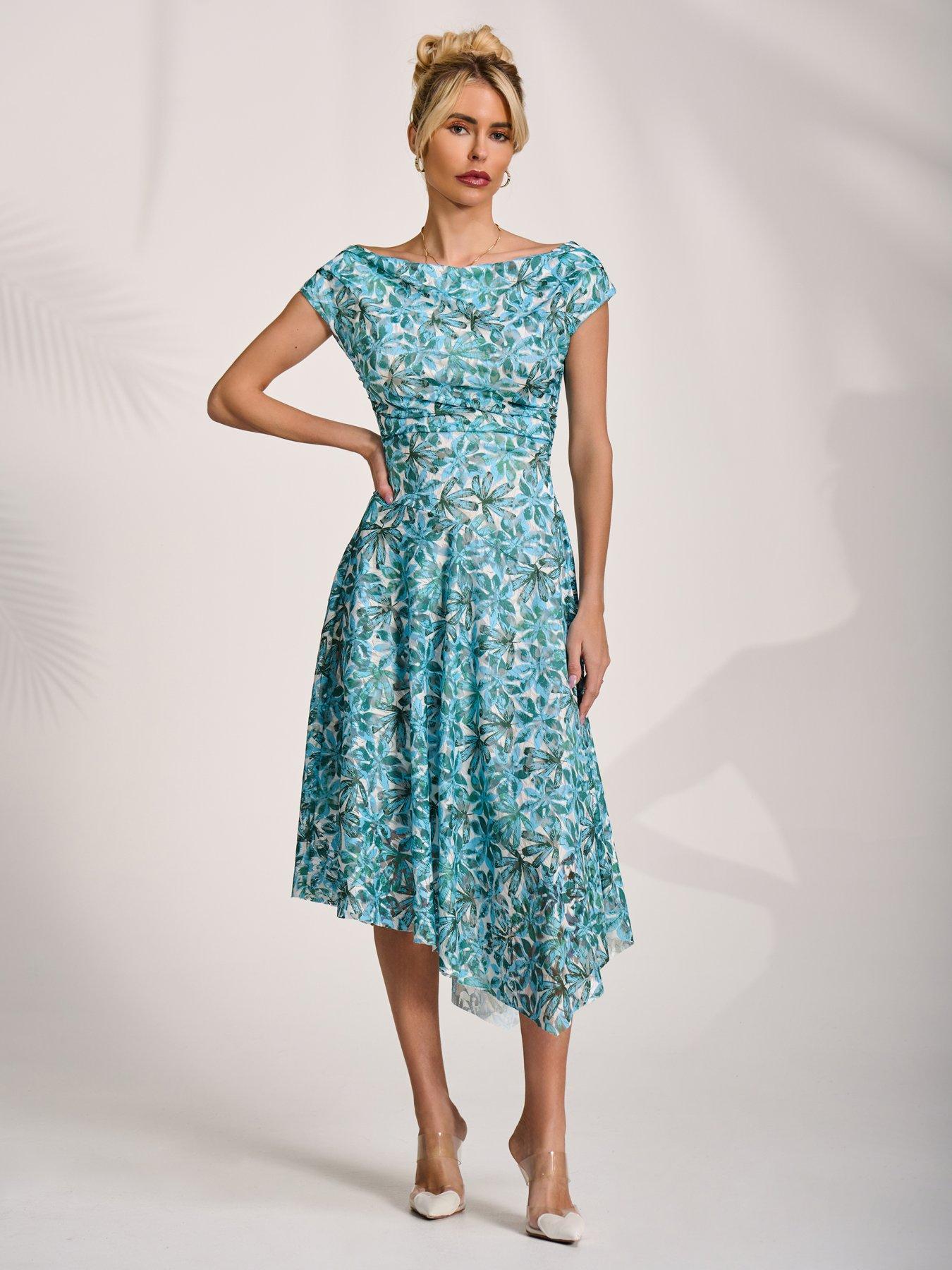 Image 7 of 7 of Jolie Moi Asymmetric Printed Lace Draped Dress - Blue