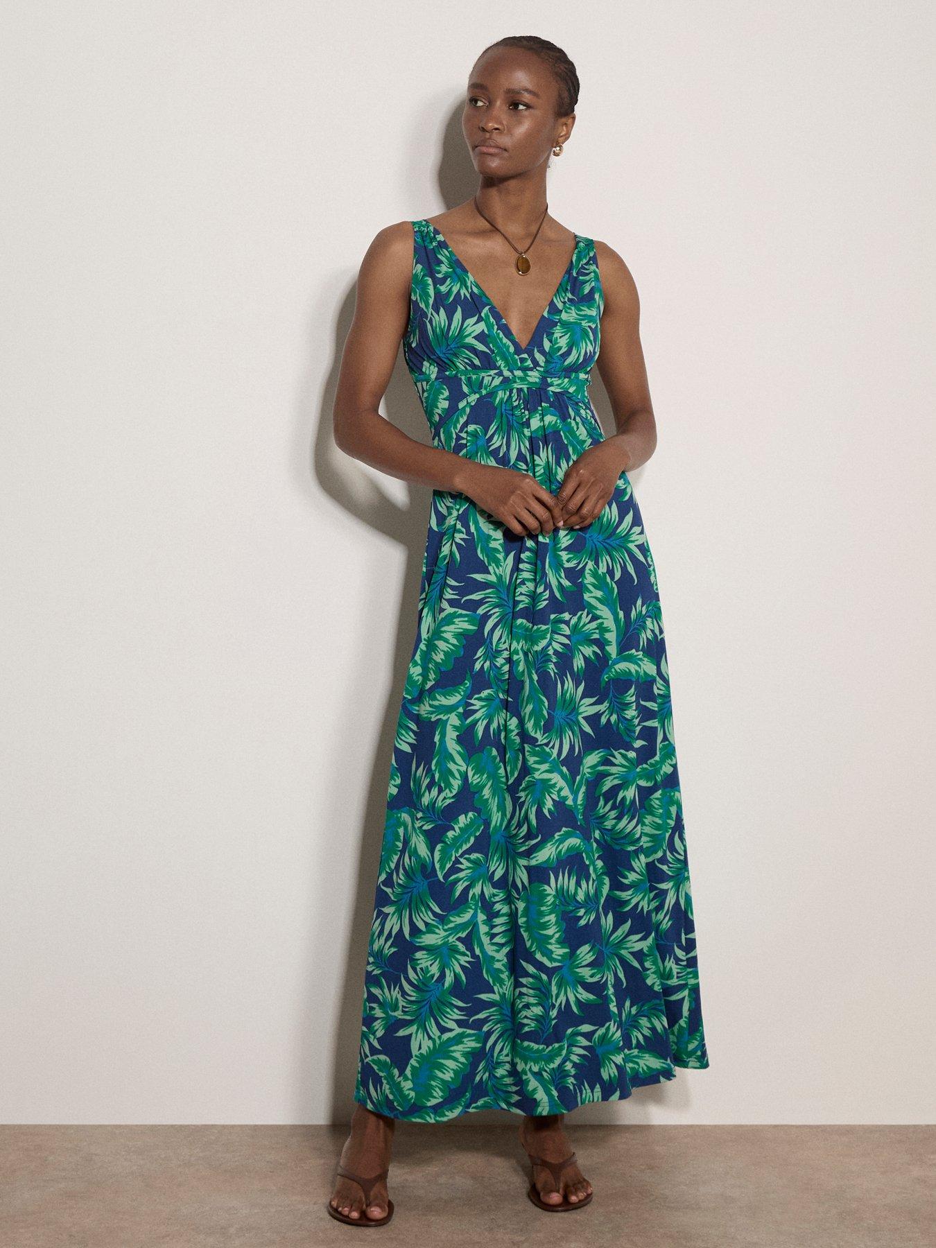 Apricot Vintage Tropical Leaf Sleeveless Maxi Dress - Blue