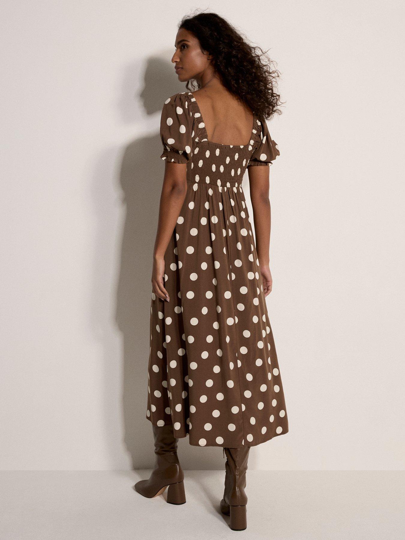 Image 2 of 4 of Apricot Big Spot Bow Detail Midi Dress **New Colour** - Brown
