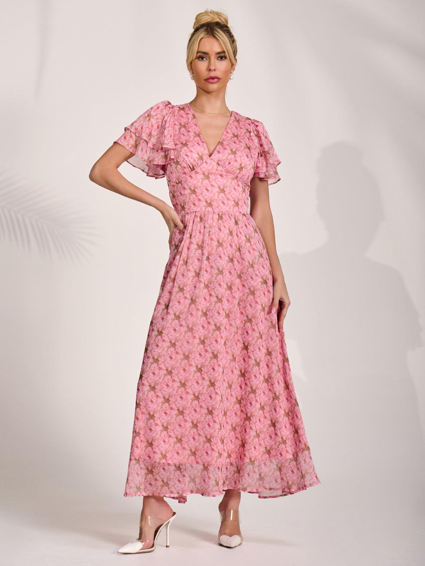 Jolie Moi Layered Angel Sleeved Chiffon Maxi Dress - Pink