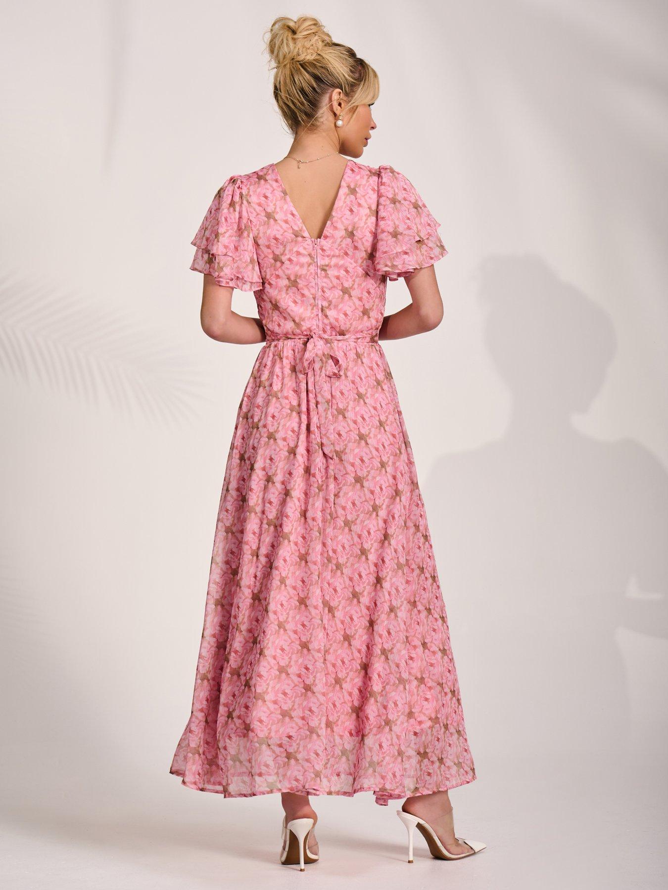 Image 2 of 7 of Jolie Moi Layered Angel Sleeved Chiffon Maxi Dress - Pink