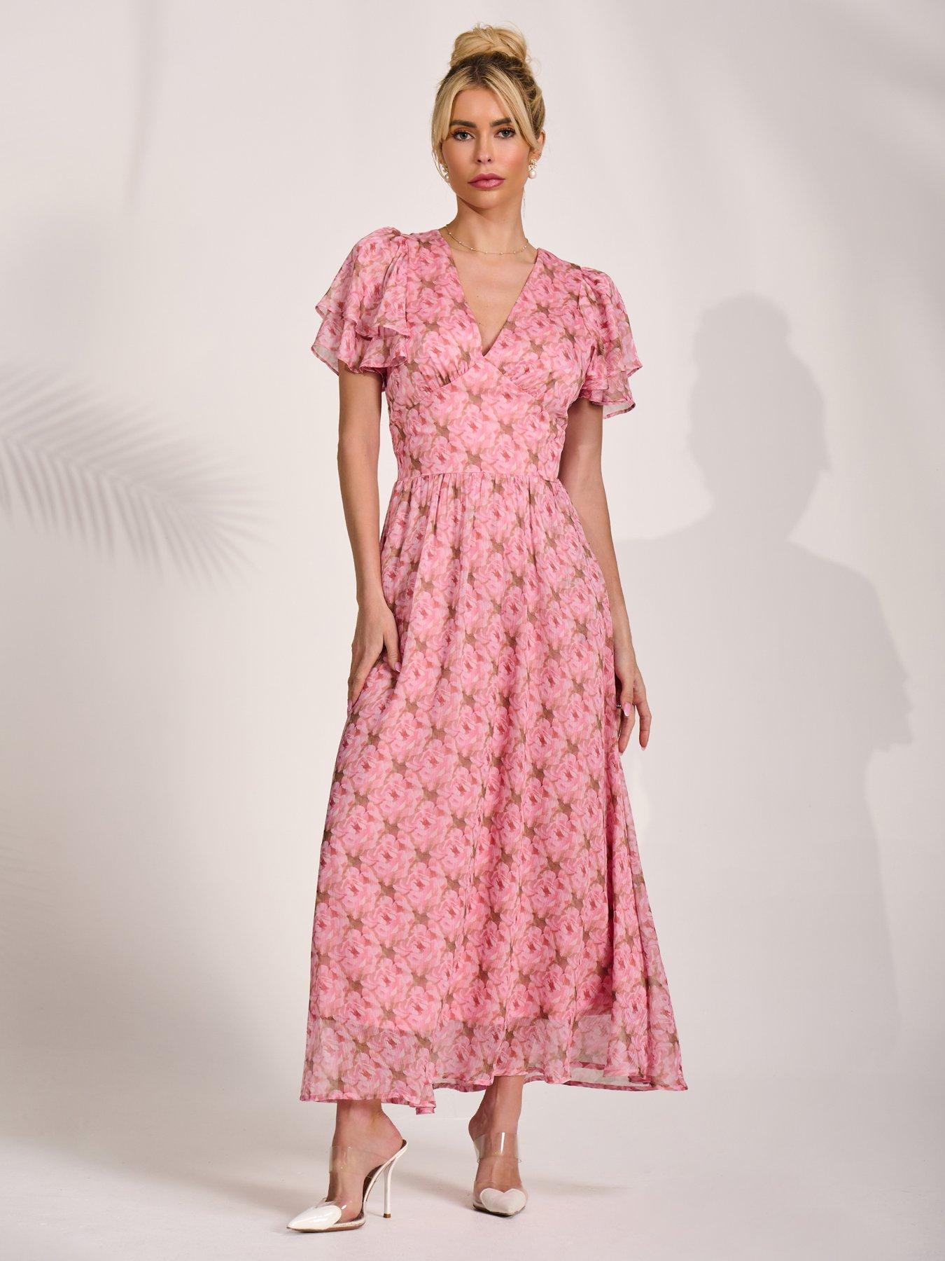 Image 5 of 7 of Jolie Moi Layered Angel Sleeved Chiffon Maxi Dress - Pink