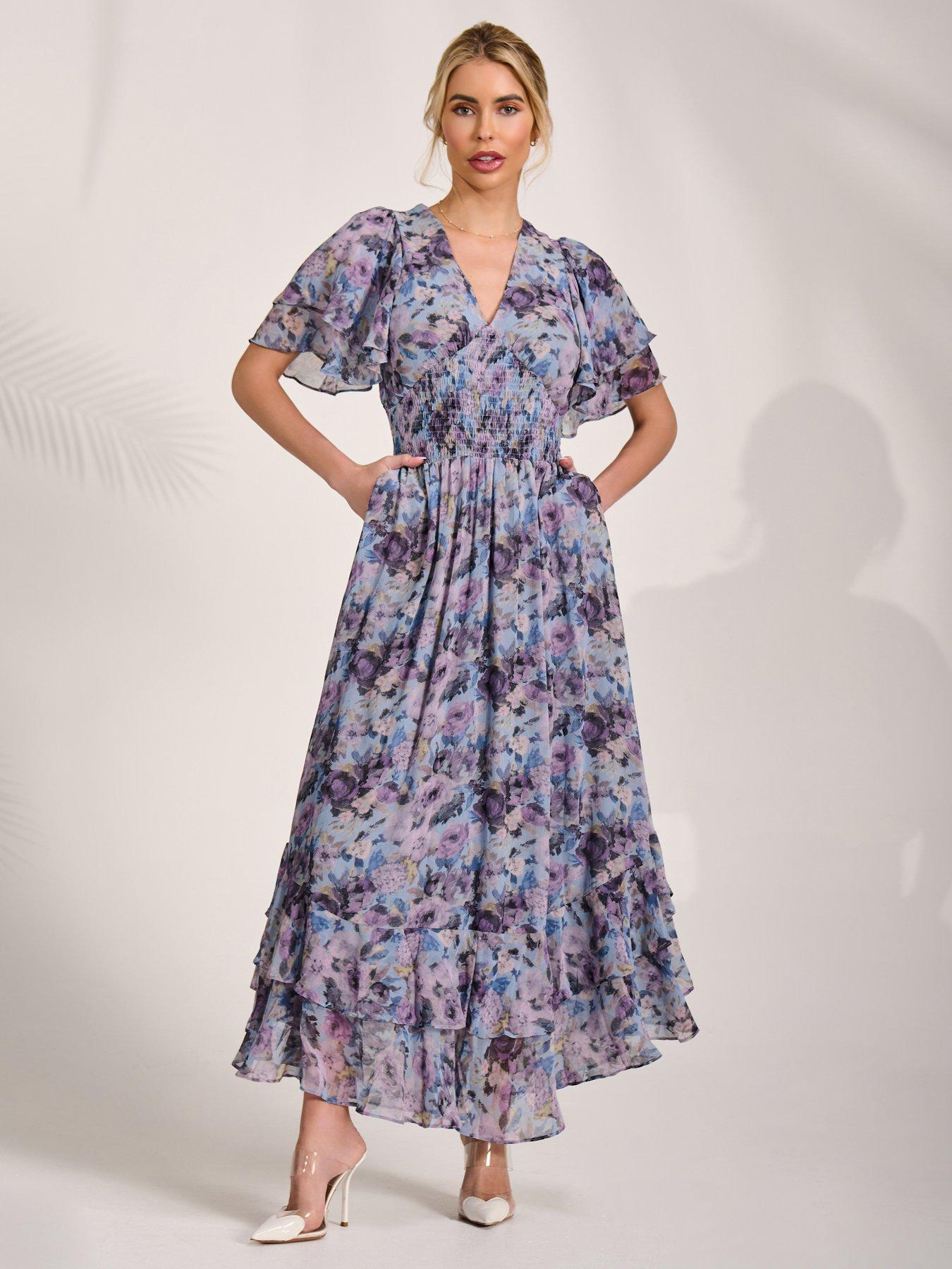 Image 1 of 7 of Jolie Moi Chiffon Layered Sleeve Ruffle Hem Midaxi Dress - Blue