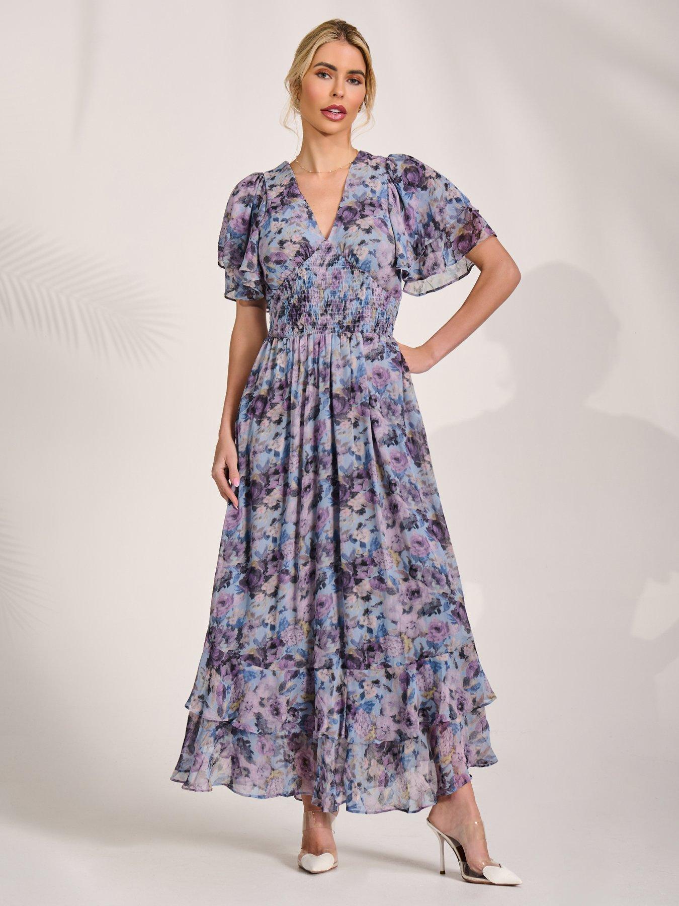 Image 3 of 7 of Jolie Moi Chiffon Layered Sleeve Ruffle Hem Midaxi Dress - Blue