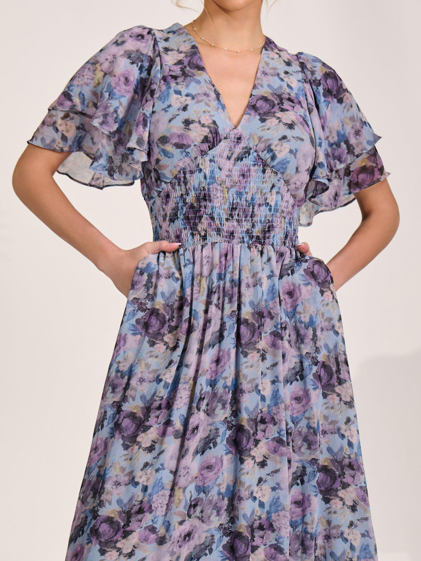 Image 4 of 7 of Jolie Moi Chiffon Layered Sleeve Ruffle Hem Midaxi Dress - Blue