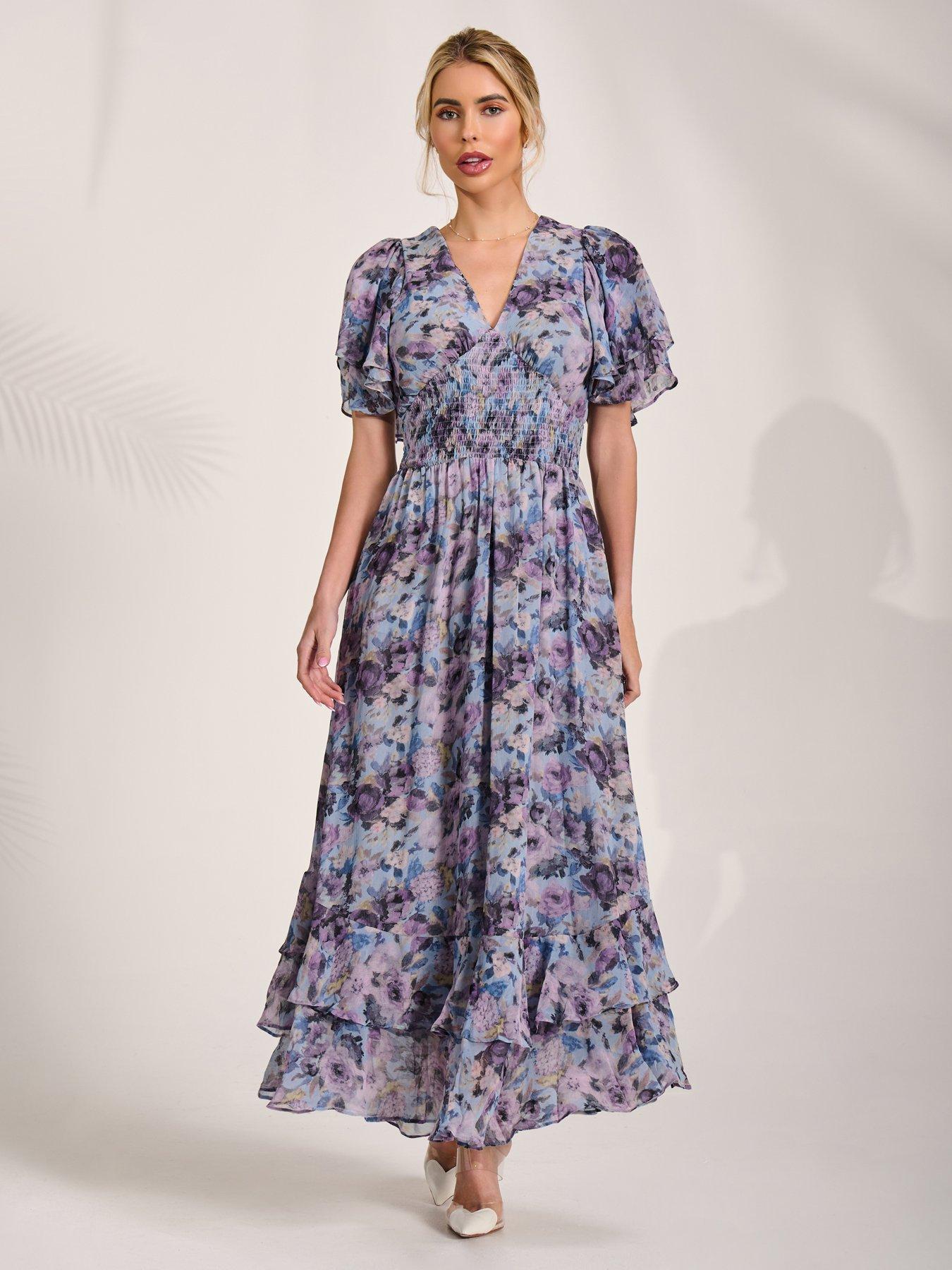 Image 5 of 7 of Jolie Moi Chiffon Layered Sleeve Ruffle Hem Midaxi Dress - Blue
