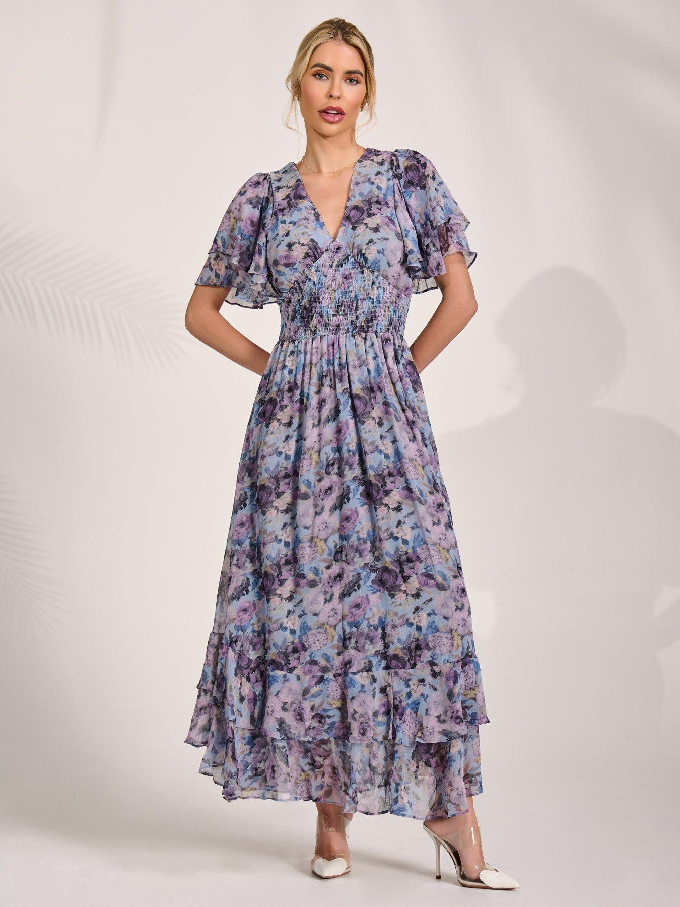 Image 6 of 7 of Jolie Moi Chiffon Layered Sleeve Ruffle Hem Midaxi Dress - Blue
