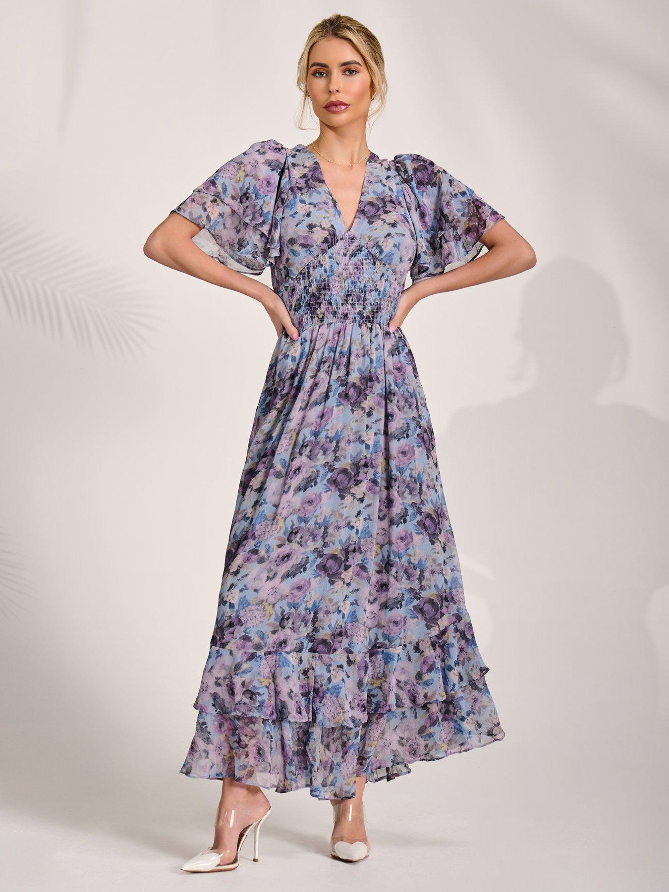 Image 7 of 7 of Jolie Moi Chiffon Layered Sleeve Ruffle Hem Midaxi Dress - Blue