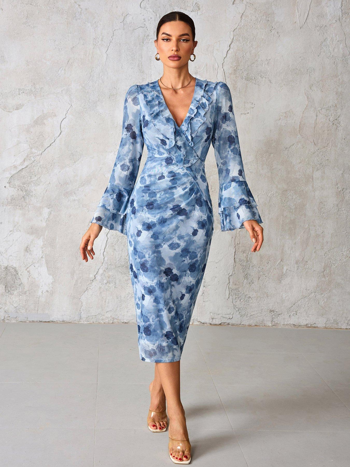 Jolie Moi Frill Sleeve Pleated Wrap Midi Dress - Blue