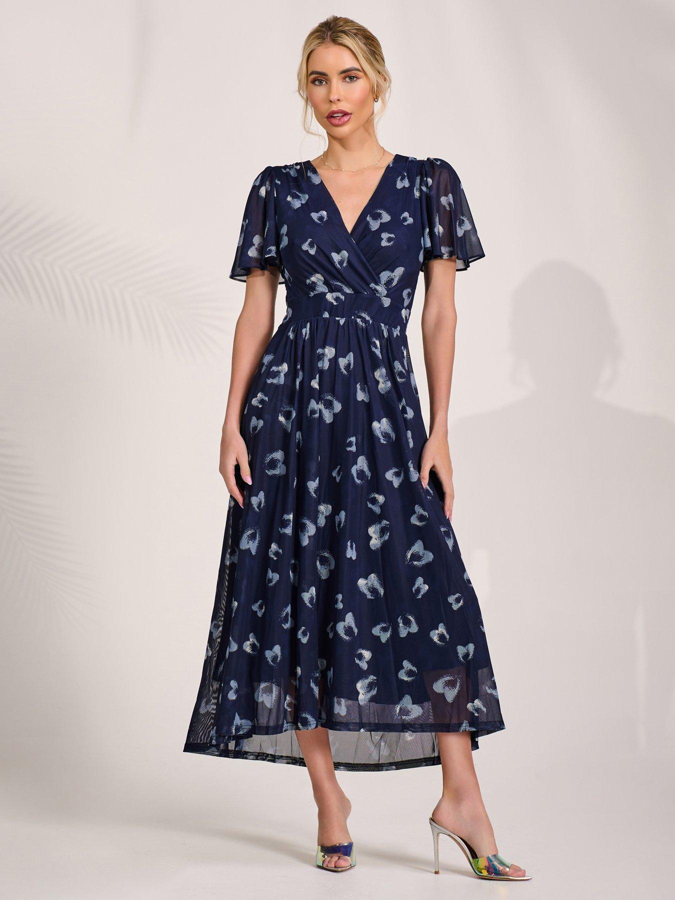Jolie Moi Mesh Short Sleeve Midaxi Dress - Navy