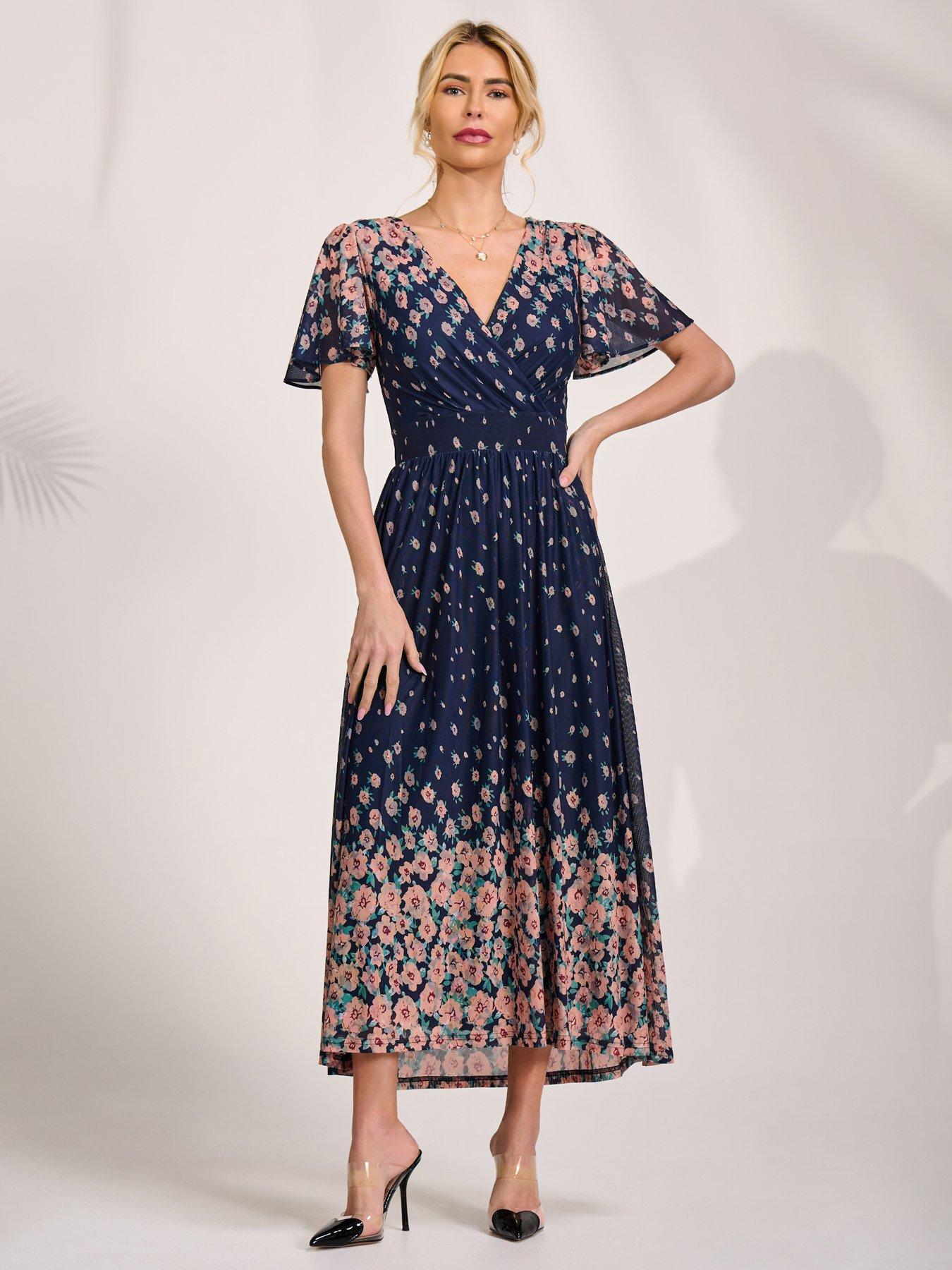 Image 1 of 7 of Jolie Moi Mirrored Mesh Short Sleeve Midaxi Dress - Navy