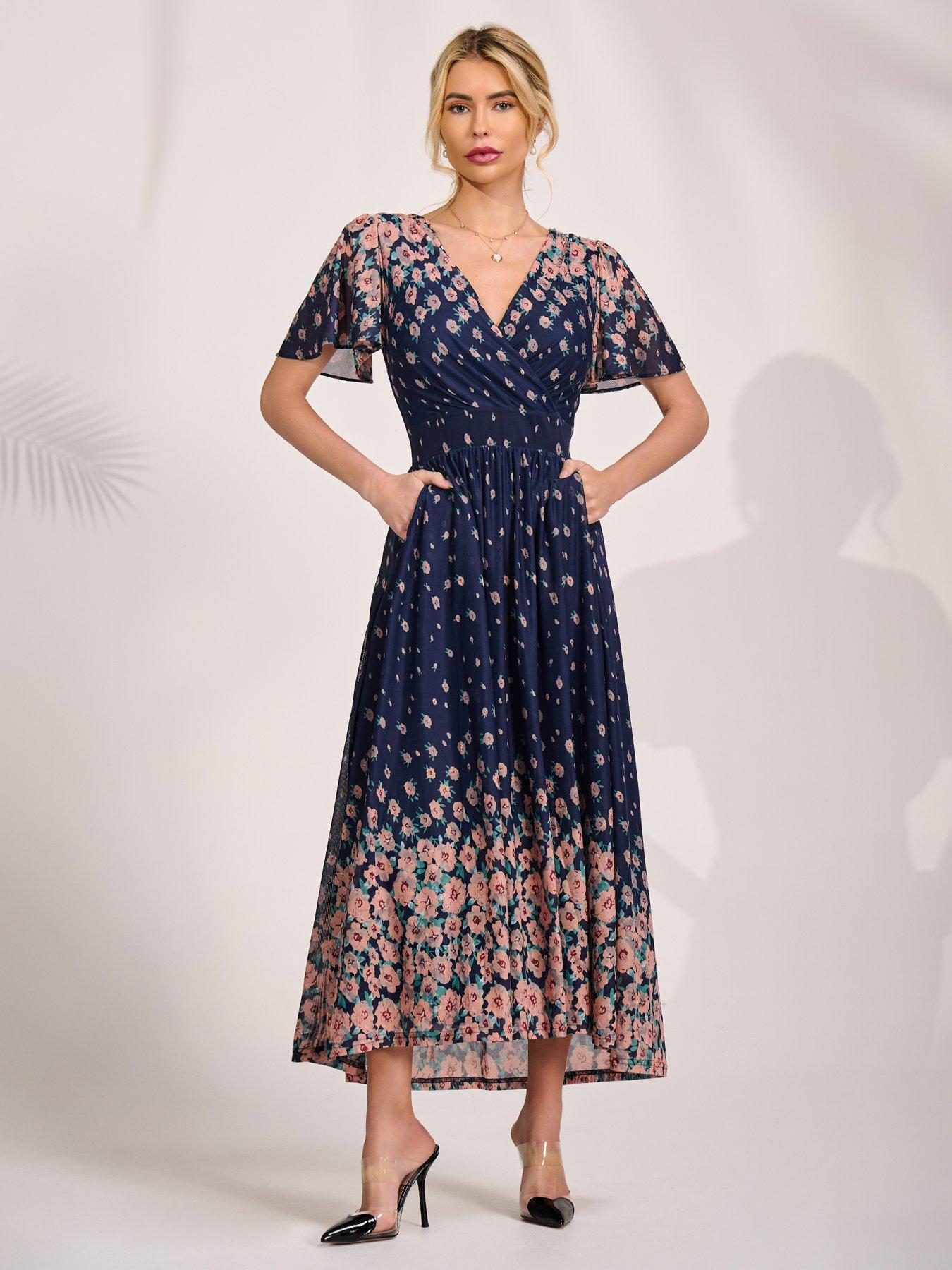 Image 3 of 7 of Jolie Moi Mirrored Mesh Short Sleeve Midaxi Dress - Navy