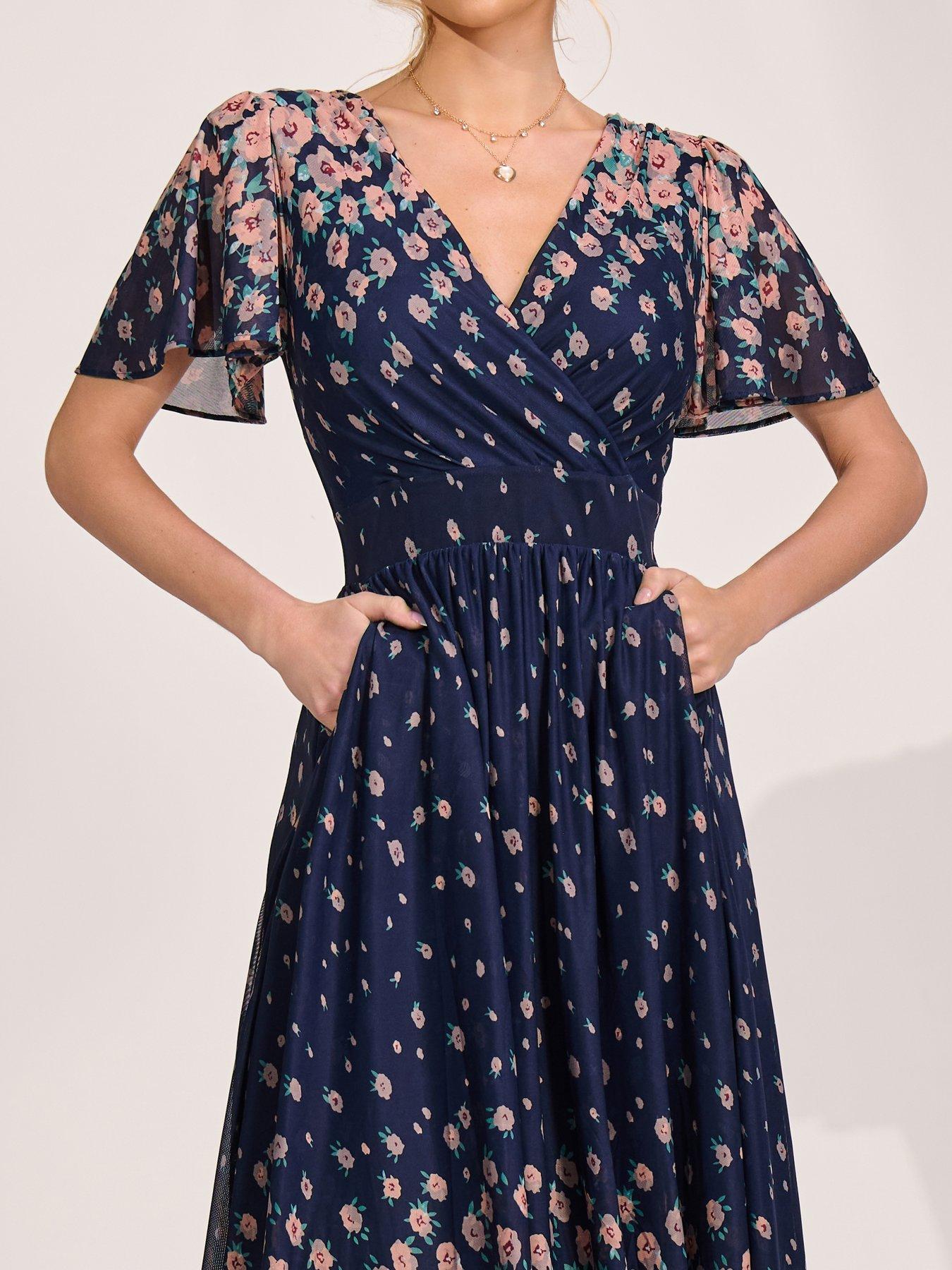 Image 4 of 7 of Jolie Moi Mirrored Mesh Short Sleeve Midaxi Dress - Navy