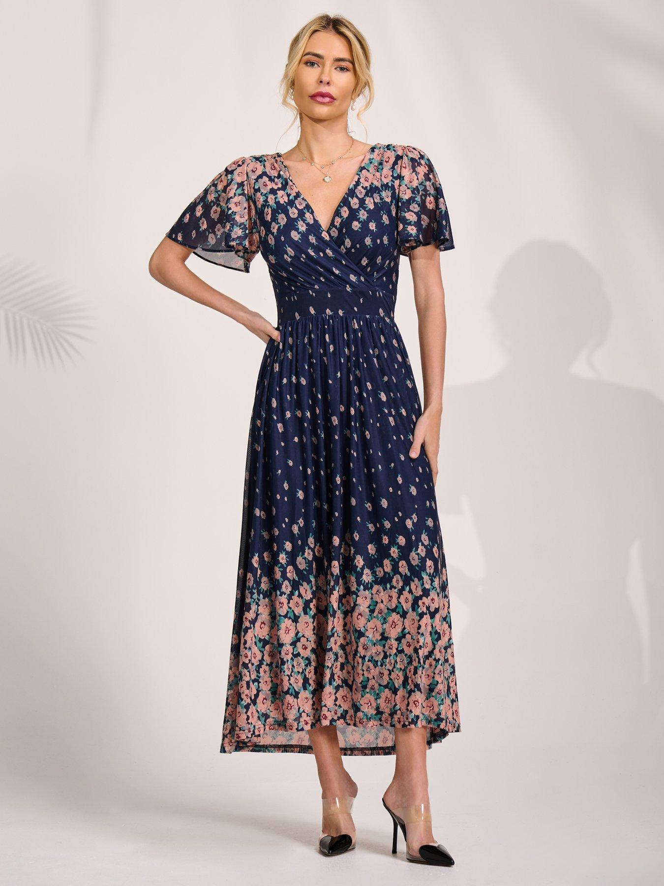 Image 5 of 7 of Jolie Moi Mirrored Mesh Short Sleeve Midaxi Dress - Navy