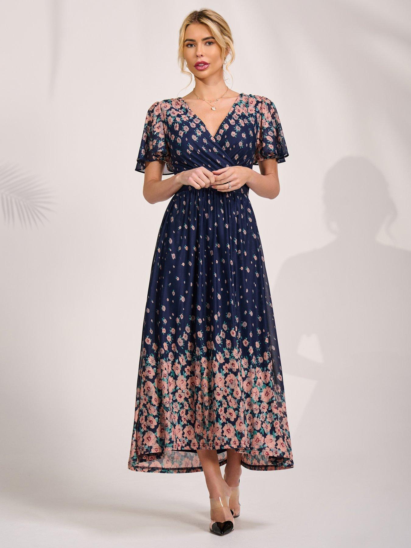 Image 6 of 7 of Jolie Moi Mirrored Mesh Short Sleeve Midaxi Dress - Navy