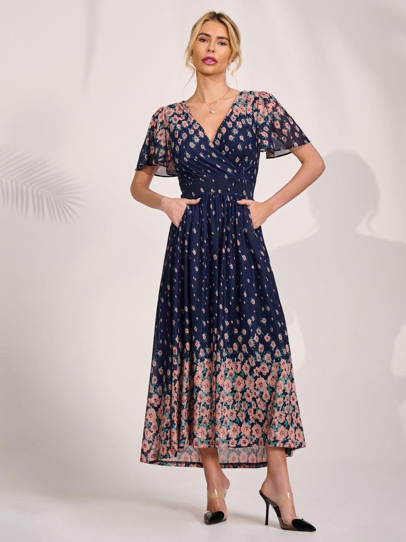 Image 7 of 7 of Jolie Moi Mirrored Mesh Short Sleeve Midaxi Dress - Navy