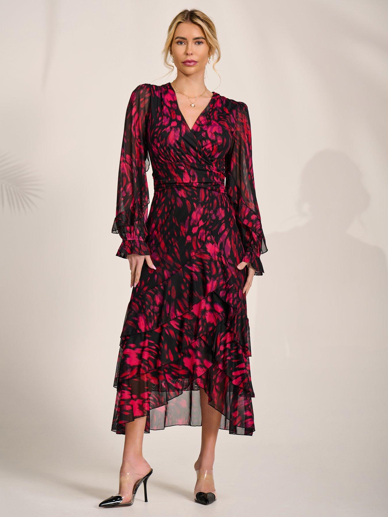 Image 1 of 7 of Jolie Moi Long Sleeve Frill Detail Mesh Maxi Dress - Red