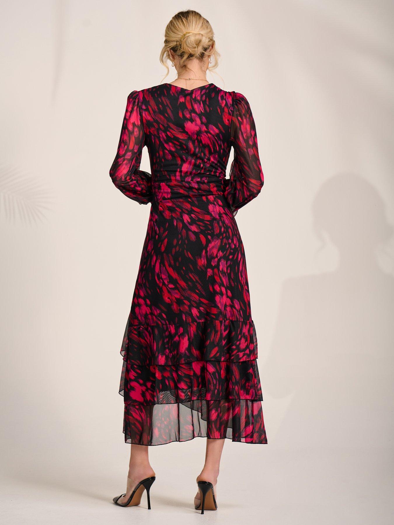 Image 2 of 7 of Jolie Moi Long Sleeve Frill Detail Mesh Maxi Dress - Red
