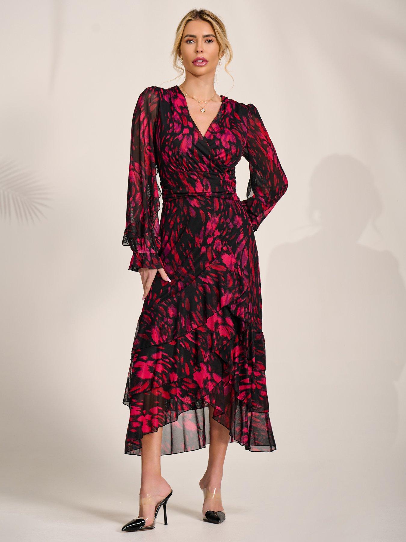 Image 3 of 7 of Jolie Moi Long Sleeve Frill Detail Mesh Maxi Dress - Red