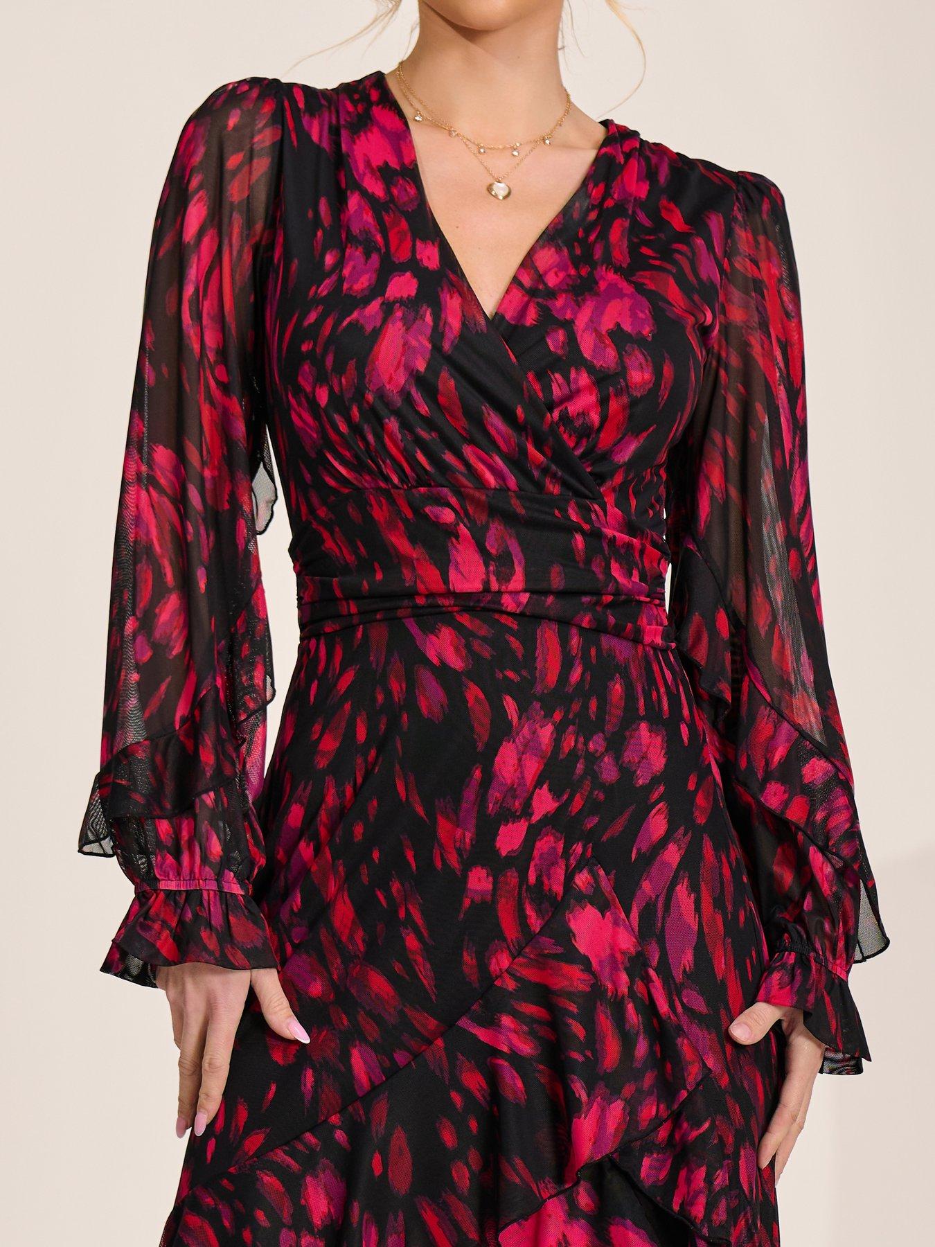 Image 4 of 7 of Jolie Moi Long Sleeve Frill Detail Mesh Maxi Dress - Red