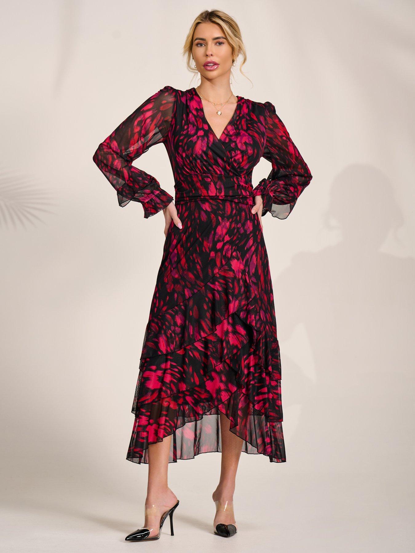 Image 5 of 7 of Jolie Moi Long Sleeve Frill Detail Mesh Maxi Dress - Red