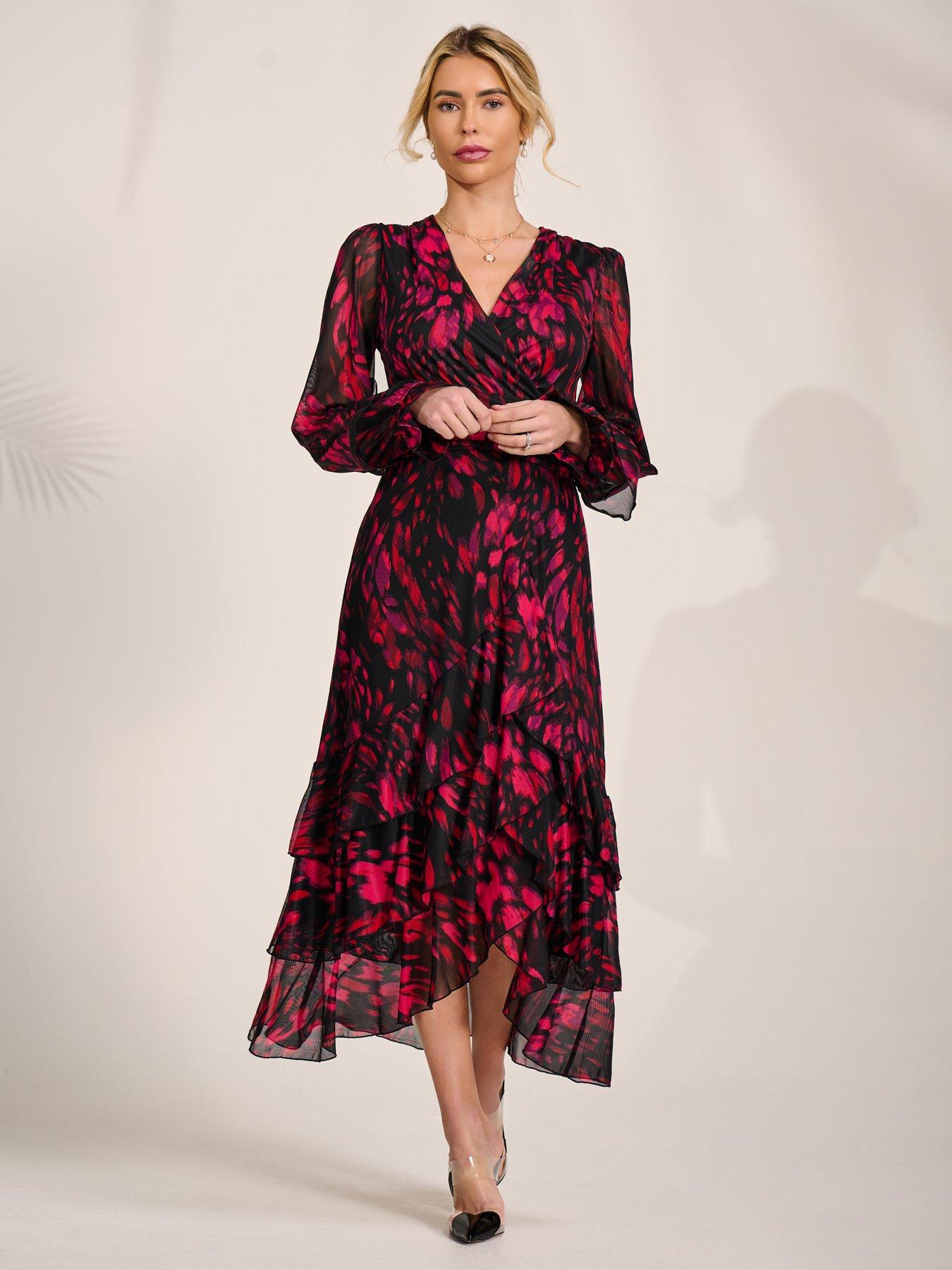 Image 6 of 7 of Jolie Moi Long Sleeve Frill Detail Mesh Maxi Dress - Red