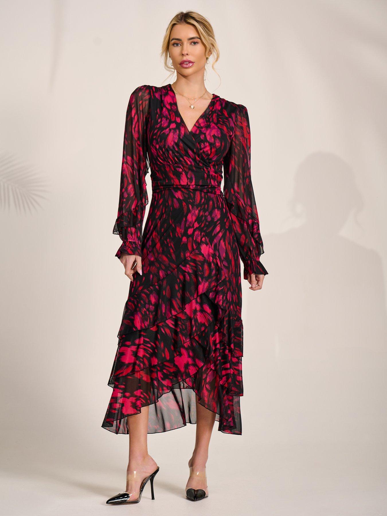 Image 7 of 7 of Jolie Moi Long Sleeve Frill Detail Mesh Maxi Dress - Red