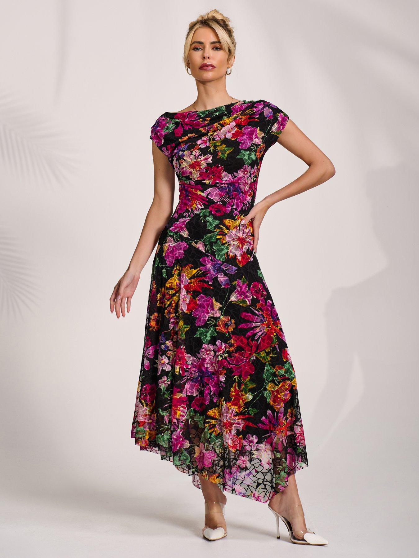 Jolie Moi Asymmetric Draped Print Lace Maxi Dress - Pink