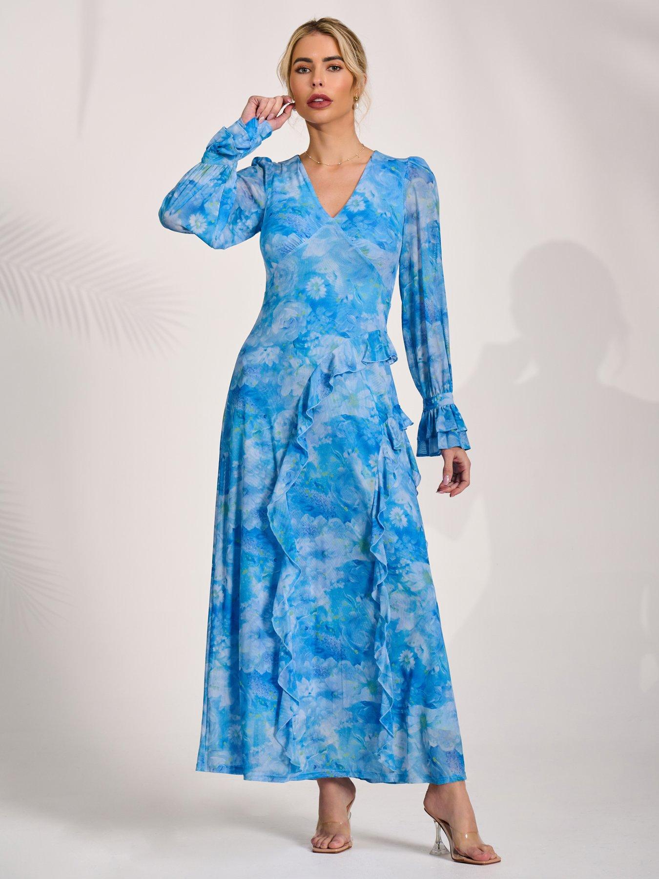 Jolie Moi Long Sleeve Ruffle Mesh Maxi Dress - Blue