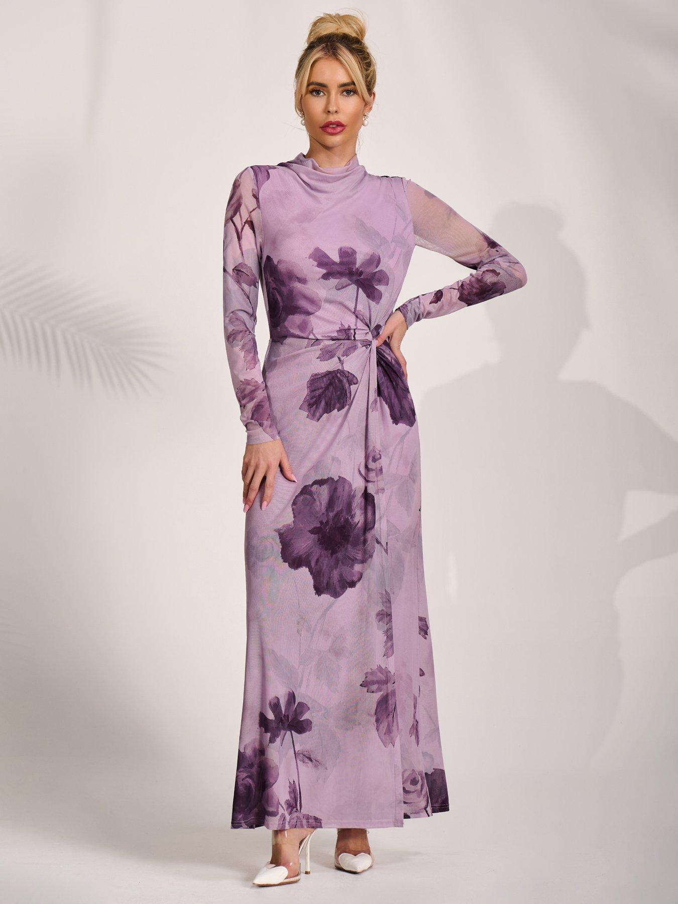 Jolie Moi High Neck Long Sleeve Mesh Maxi Dress - Purple